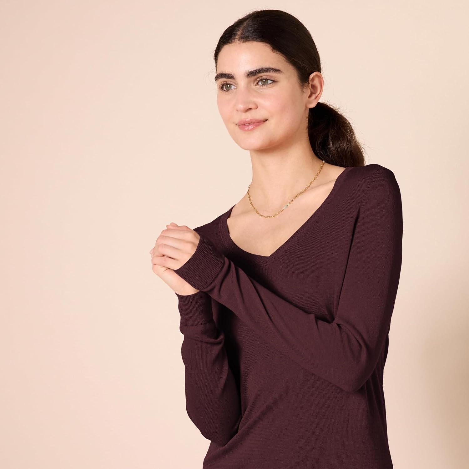 image:imageAmazon Essentials Womens RegularFit Lightweight LongSleeve VNeck Sweater Ribbed Cozy Soft Available in Plus SizeBurgundy