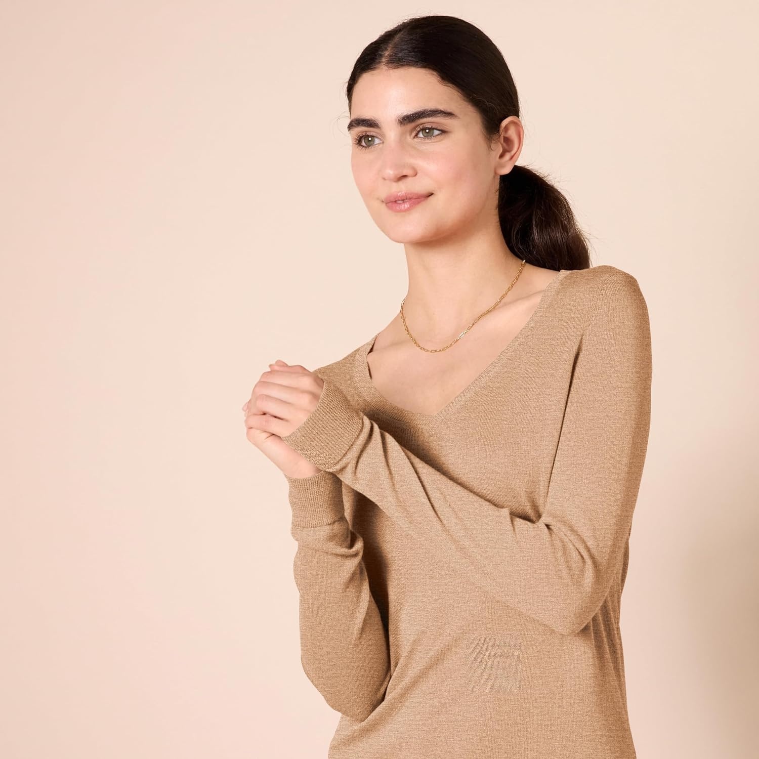 image:imageAmazon Essentials Womens RegularFit Lightweight LongSleeve VNeck Sweater Ribbed Cozy Soft Available in Plus SizeCamel Heather