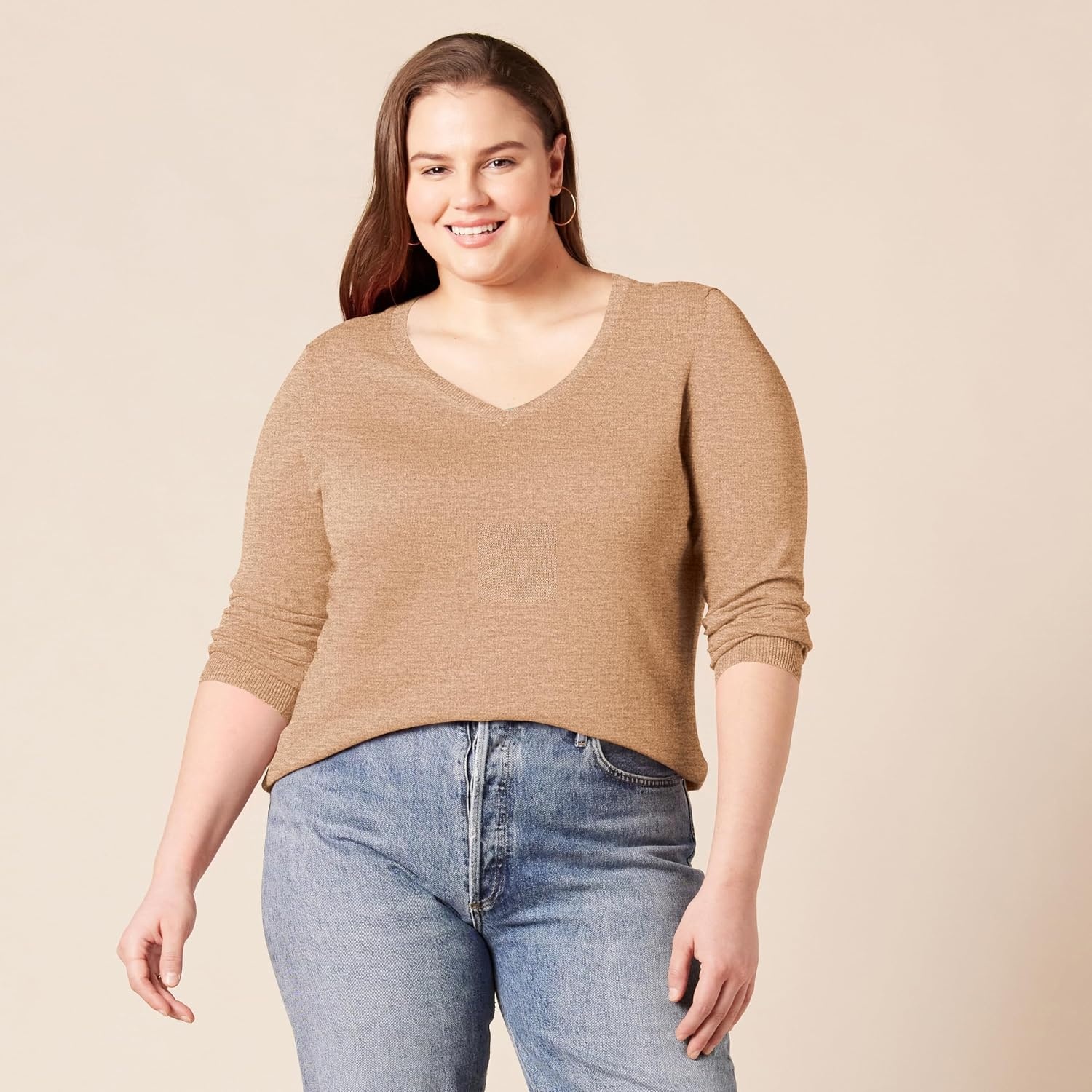 image:imageAmazon Essentials Womens RegularFit Lightweight LongSleeve VNeck Sweater Ribbed Cozy Soft Available in Plus SizeCamel Heather
