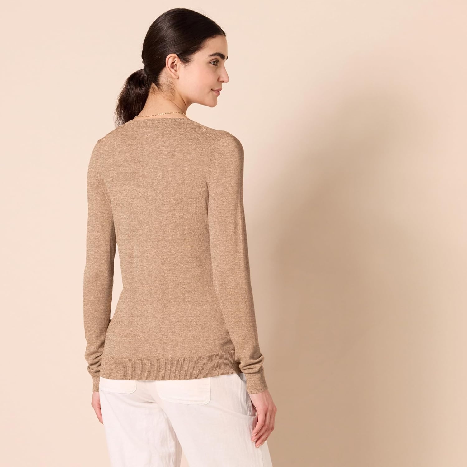 image:imageAmazon Essentials Womens RegularFit Lightweight LongSleeve VNeck Sweater Ribbed Cozy Soft Available in Plus SizeCamel Heather