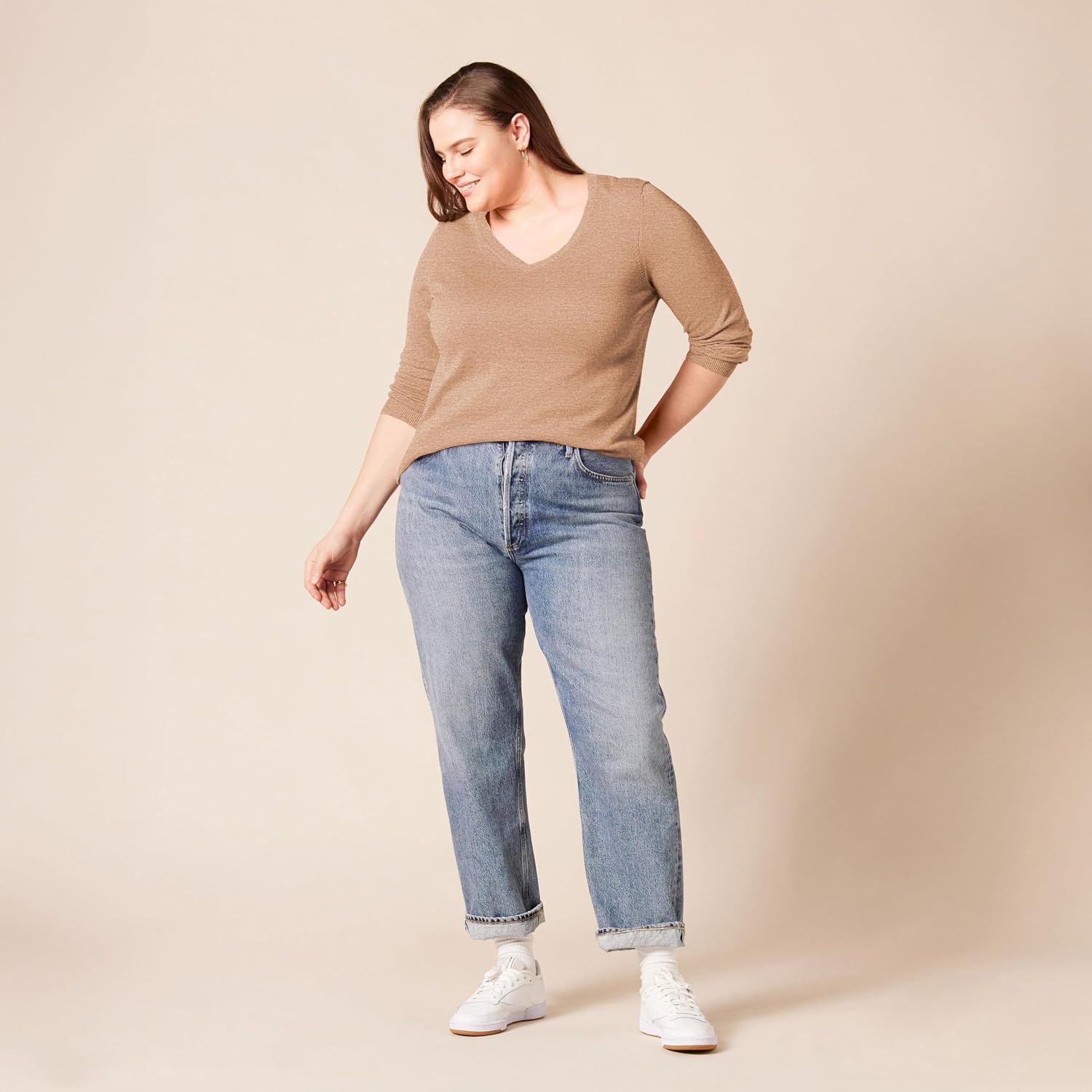 image:imageAmazon Essentials Womens RegularFit Lightweight LongSleeve VNeck Sweater Ribbed Cozy Soft Available in Plus SizeCamel Heather