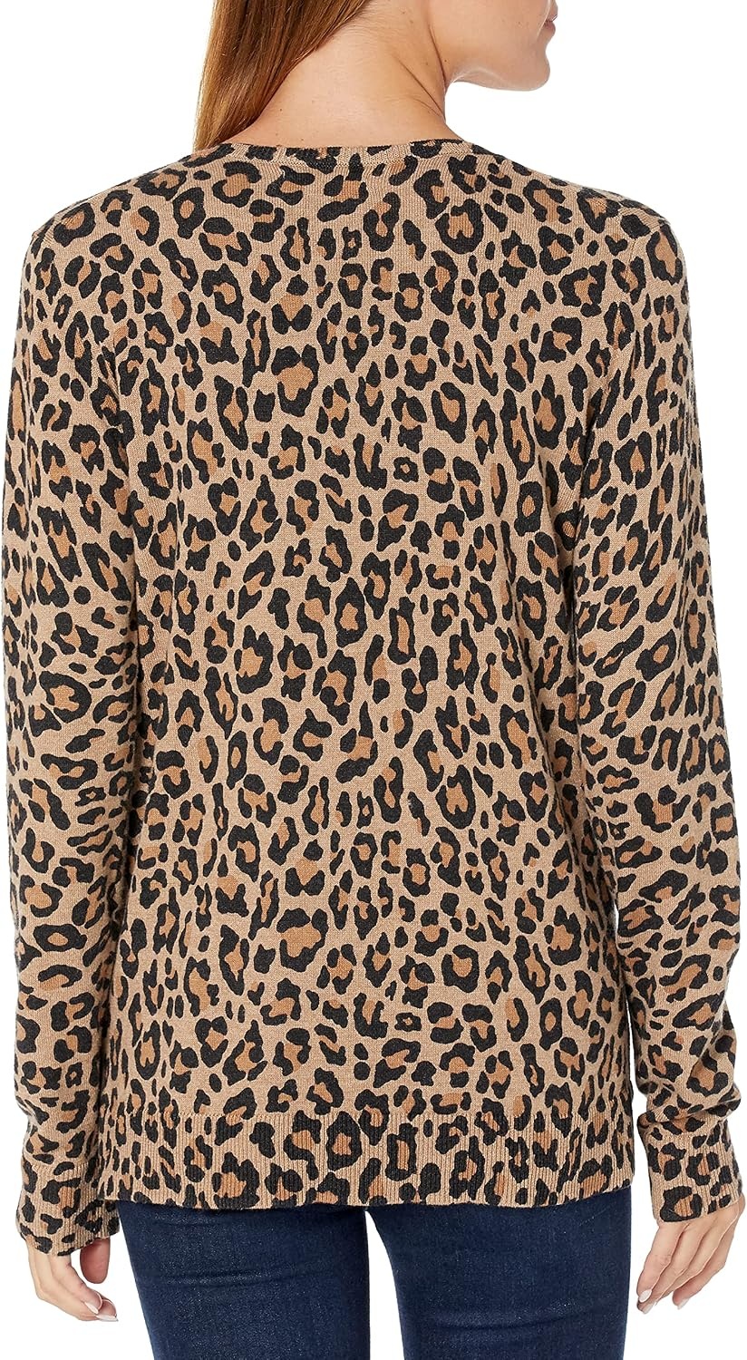 image:imageAmazon Essentials Womens RegularFit Lightweight LongSleeve VNeck Sweater Ribbed Cozy Soft Available in Plus SizeCamel Heather Animal Print