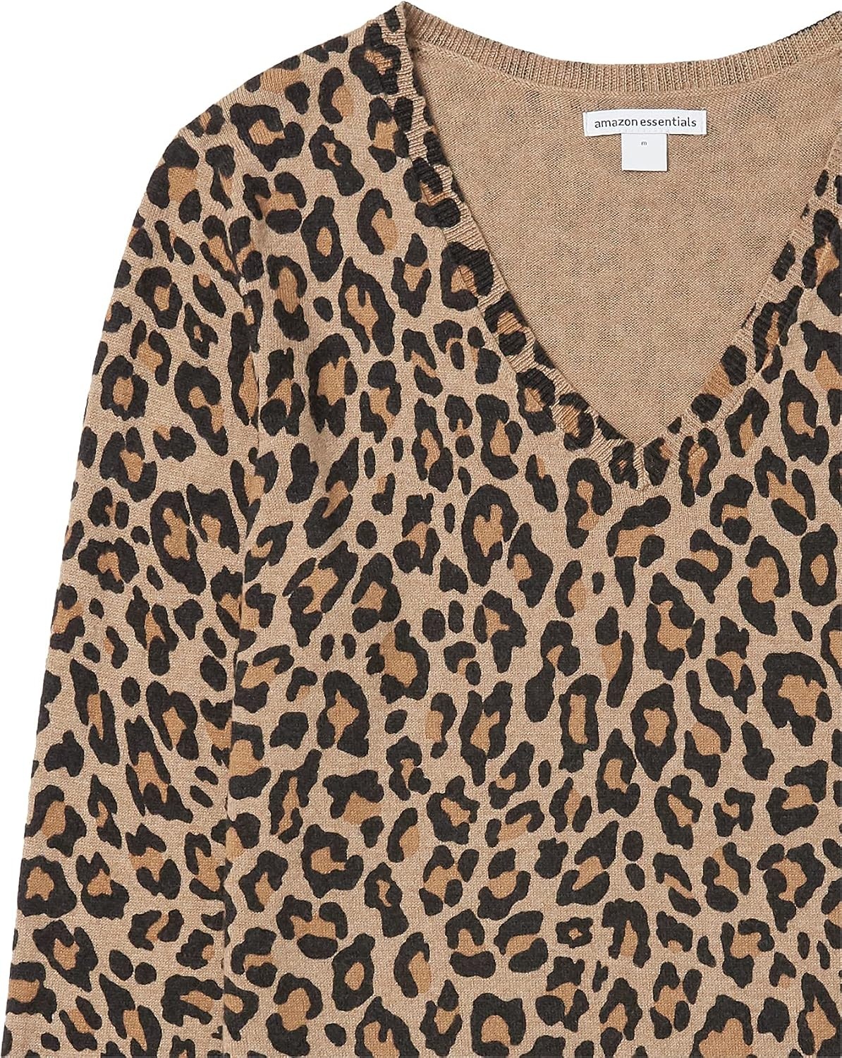 image:imageAmazon Essentials Womens RegularFit Lightweight LongSleeve VNeck Sweater Ribbed Cozy Soft Available in Plus SizeCamel Heather Animal Print