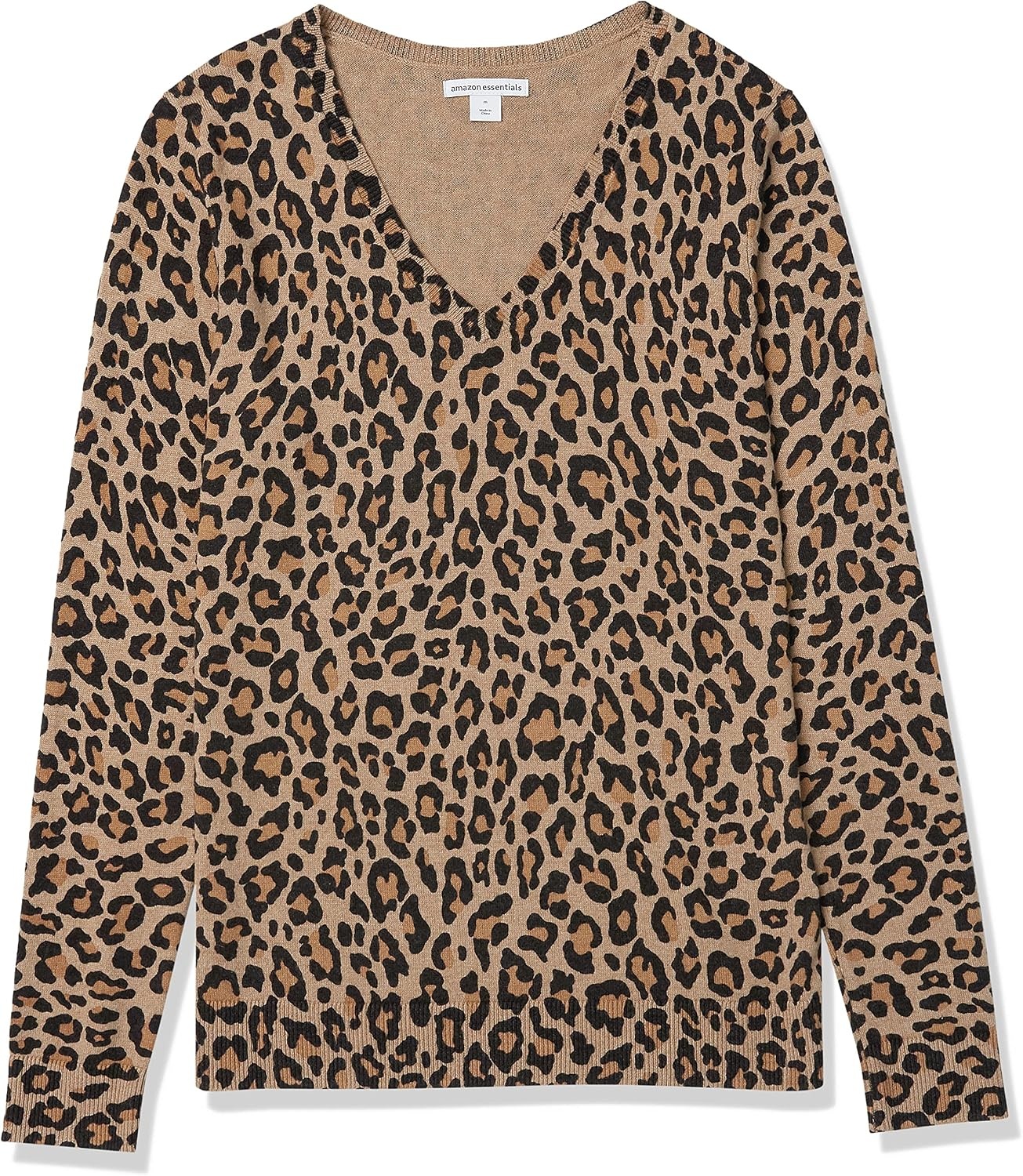 image:imageAmazon Essentials Womens RegularFit Lightweight LongSleeve VNeck Sweater Ribbed Cozy Soft Available in Plus SizeCamel Heather Animal Print