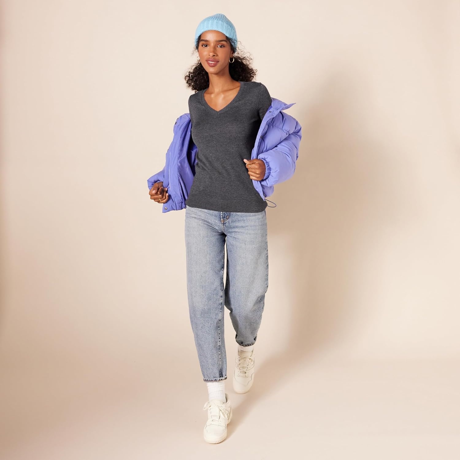 image:imageAmazon Essentials Womens RegularFit Lightweight LongSleeve VNeck Sweater Ribbed Cozy Soft Available in Plus SizeCharcoal Heather
