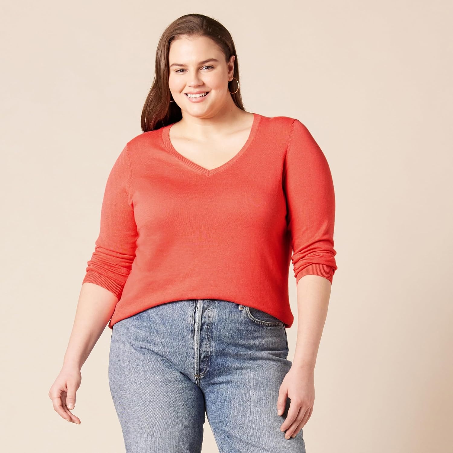image:imageAmazon Essentials Womens RegularFit Lightweight LongSleeve VNeck Sweater Ribbed Cozy Soft Available in Plus SizeCoral Pink