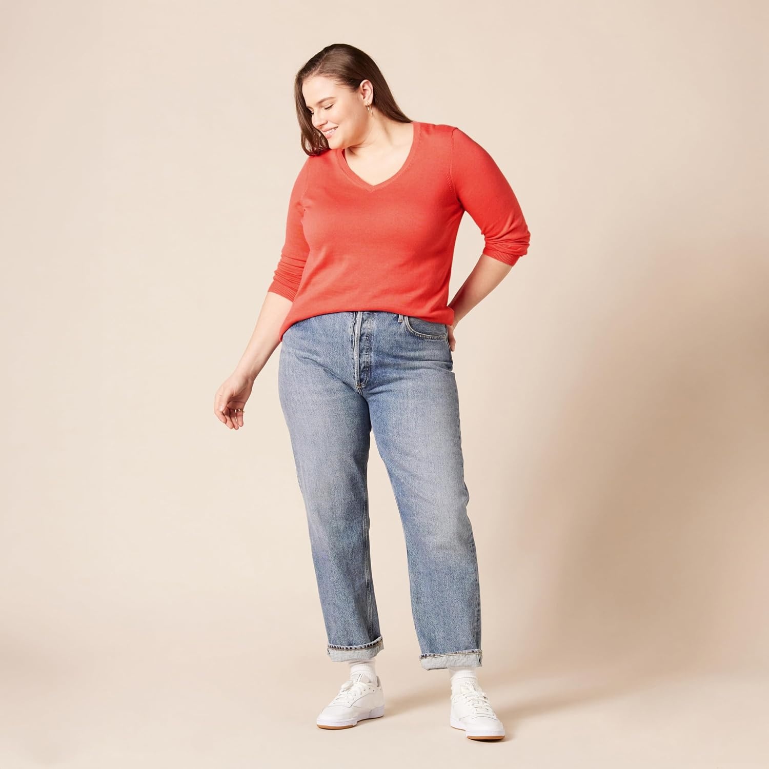 image:imageAmazon Essentials Womens RegularFit Lightweight LongSleeve VNeck Sweater Ribbed Cozy Soft Available in Plus SizeCoral Pink