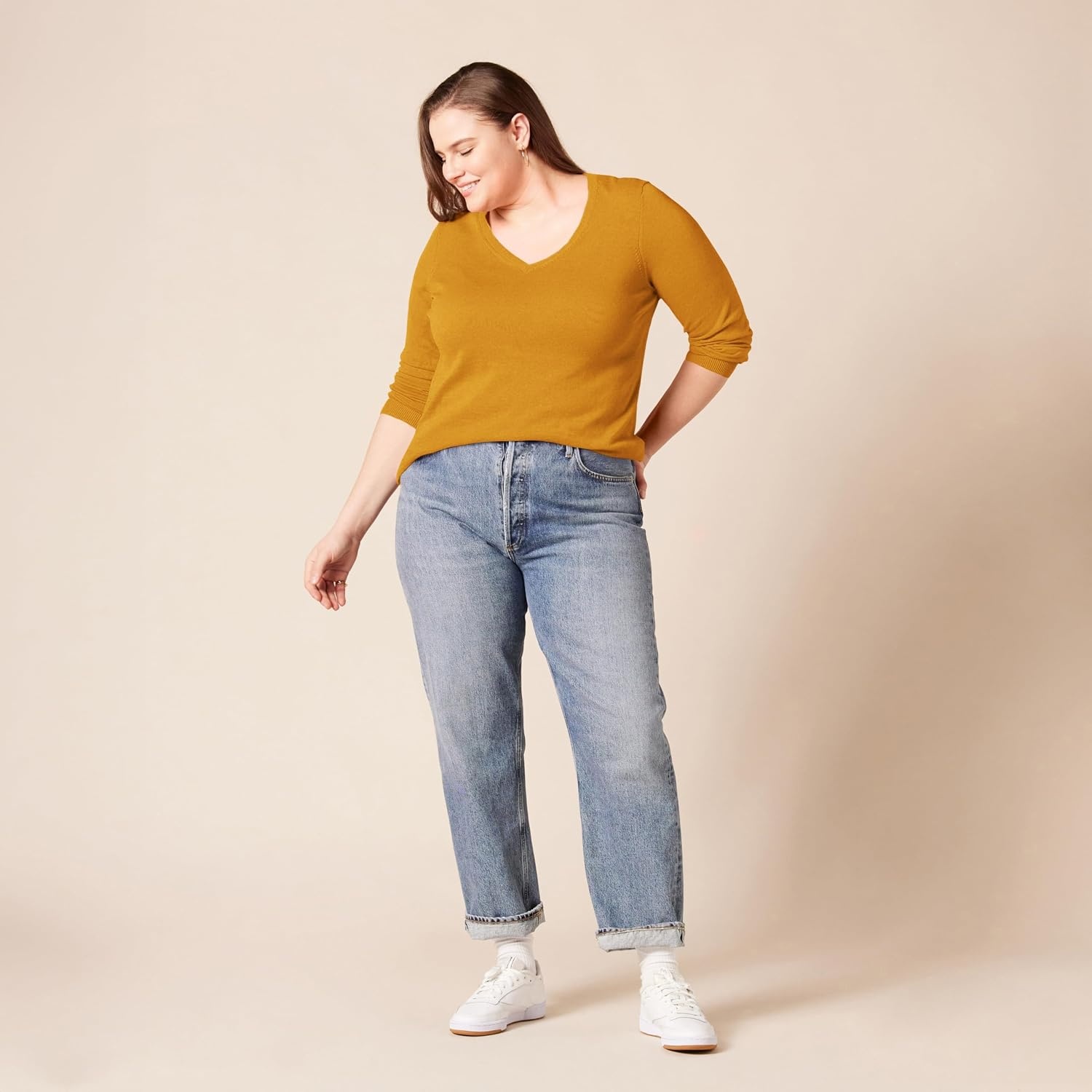 image:imageAmazon Essentials Womens RegularFit Lightweight LongSleeve VNeck Sweater Ribbed Cozy Soft Available in Plus SizeDark Golden Yellow