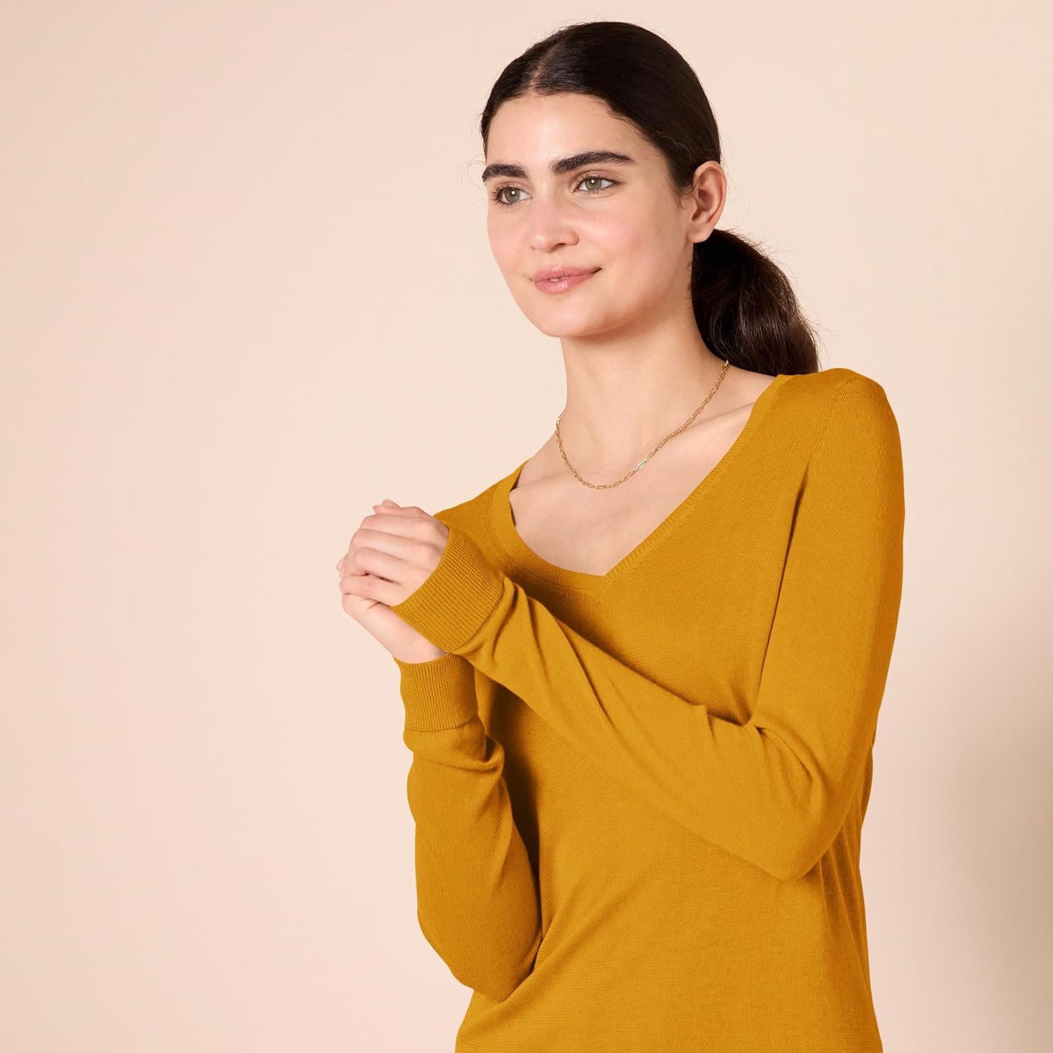image:imageAmazon Essentials Womens RegularFit Lightweight LongSleeve VNeck Sweater Ribbed Cozy Soft Available in Plus SizeDark Golden Yellow