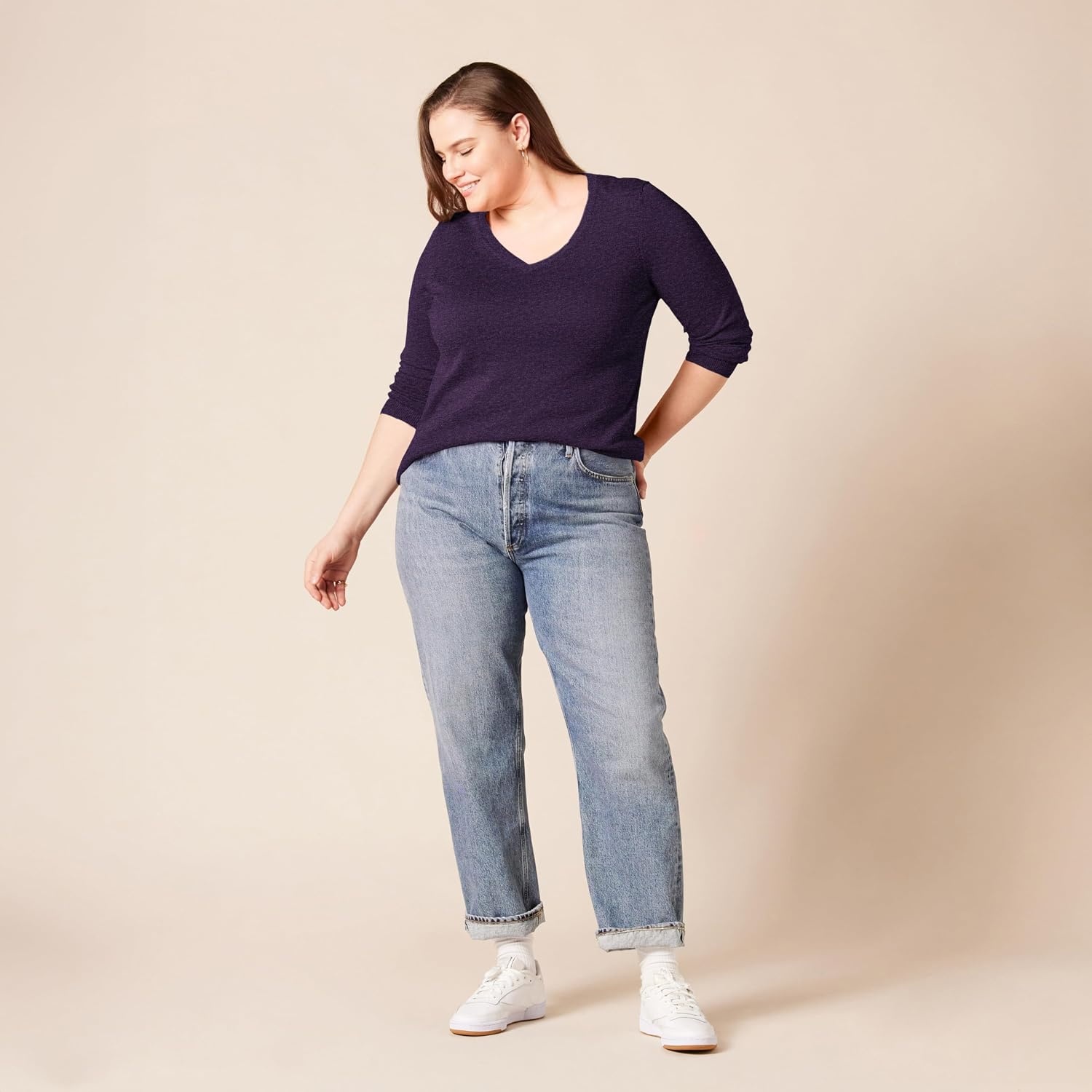 image:imageAmazon Essentials Womens RegularFit Lightweight LongSleeve VNeck Sweater Ribbed Cozy Soft Available in Plus SizeDark Purple