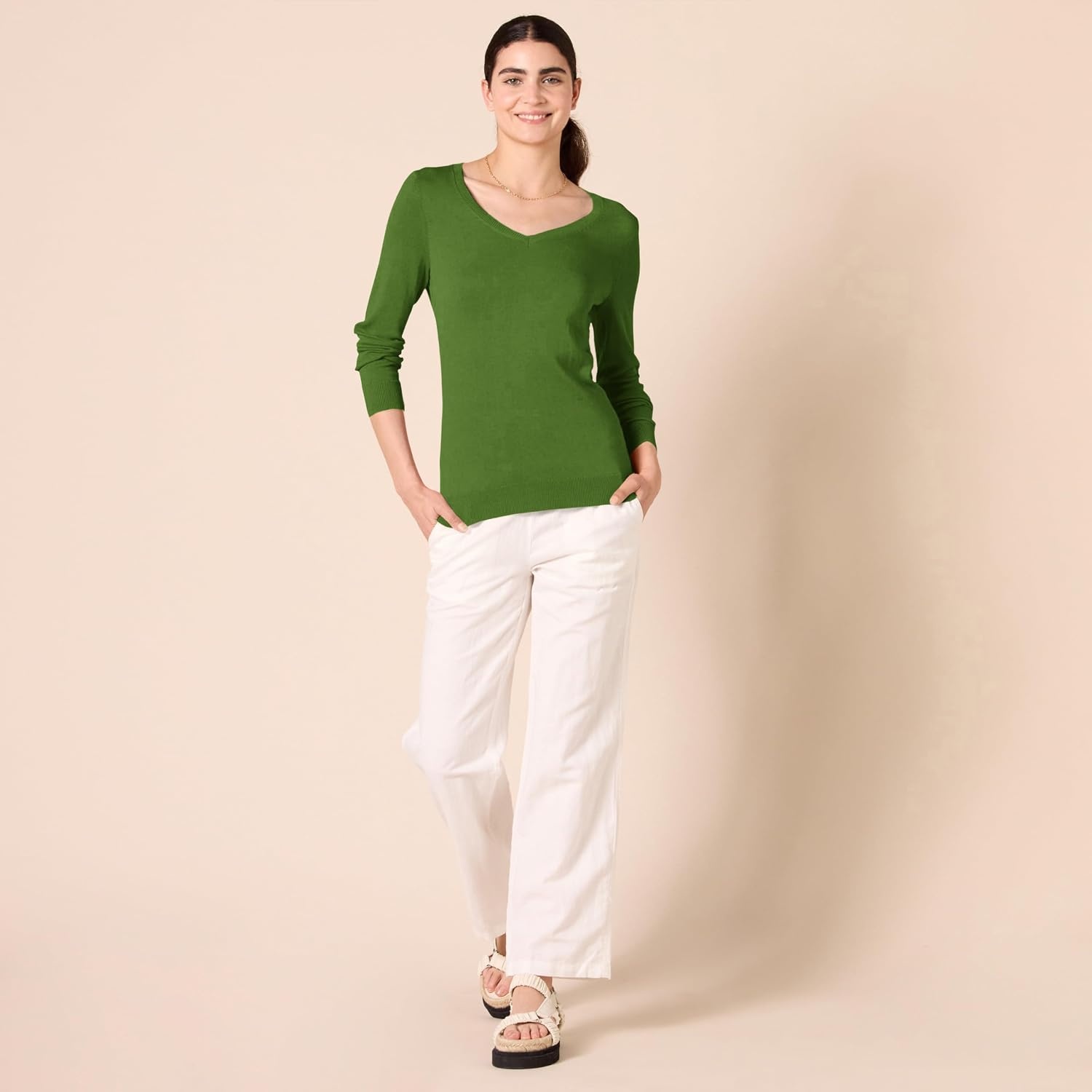 image:imageAmazon Essentials Womens RegularFit Lightweight LongSleeve VNeck Sweater Ribbed Cozy Soft Available in Plus SizeGreen