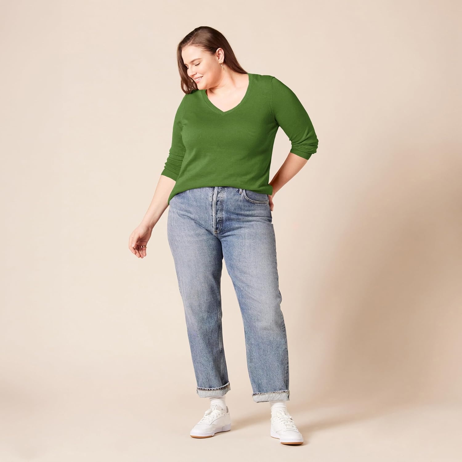 image:imageAmazon Essentials Womens RegularFit Lightweight LongSleeve VNeck Sweater Ribbed Cozy Soft Available in Plus SizeGreen