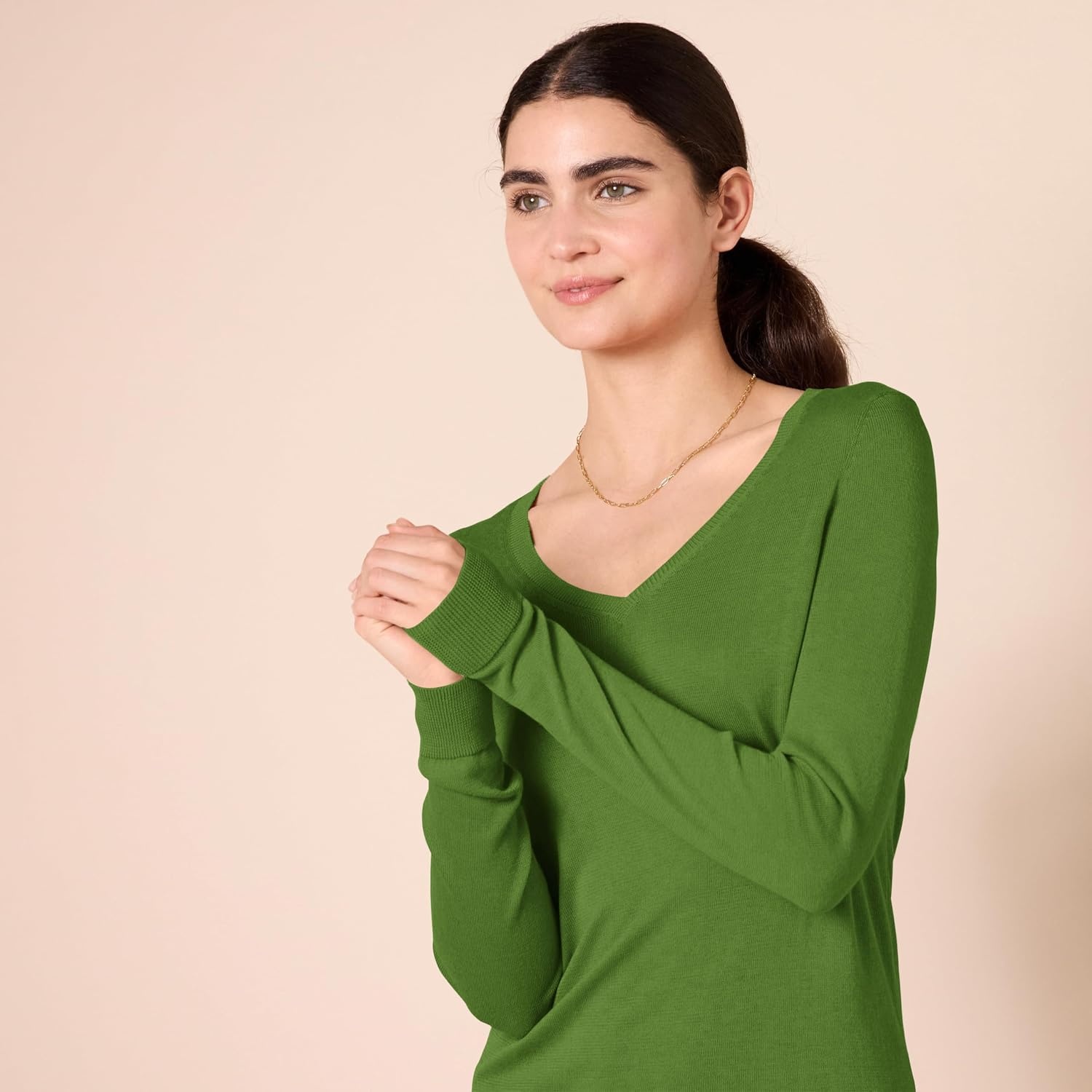 image:imageAmazon Essentials Womens RegularFit Lightweight LongSleeve VNeck Sweater Ribbed Cozy Soft Available in Plus SizeGreen