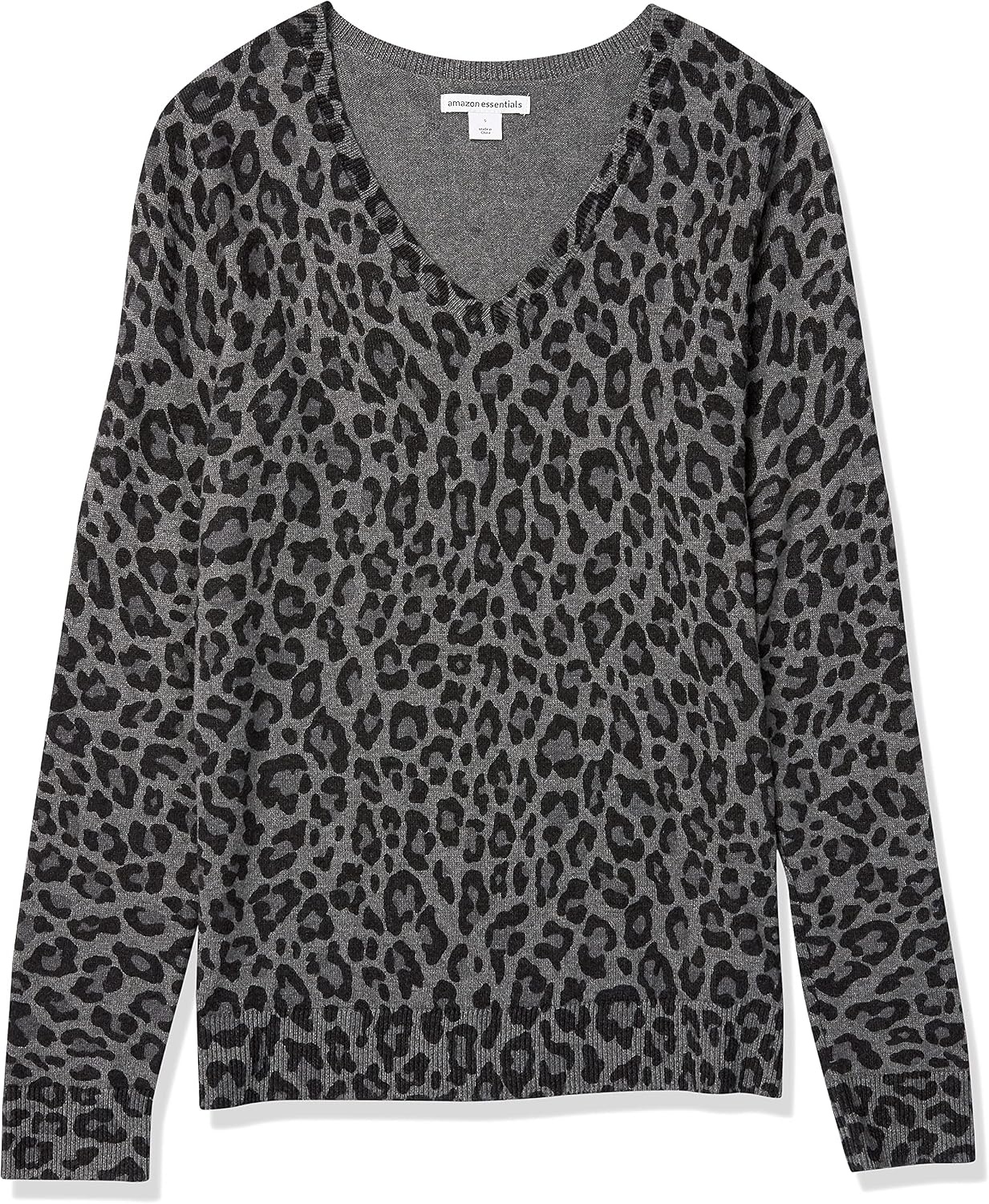 image:imageAmazon Essentials Womens RegularFit Lightweight LongSleeve VNeck Sweater Ribbed Cozy Soft Available in Plus SizeGrey Heather Animal Print