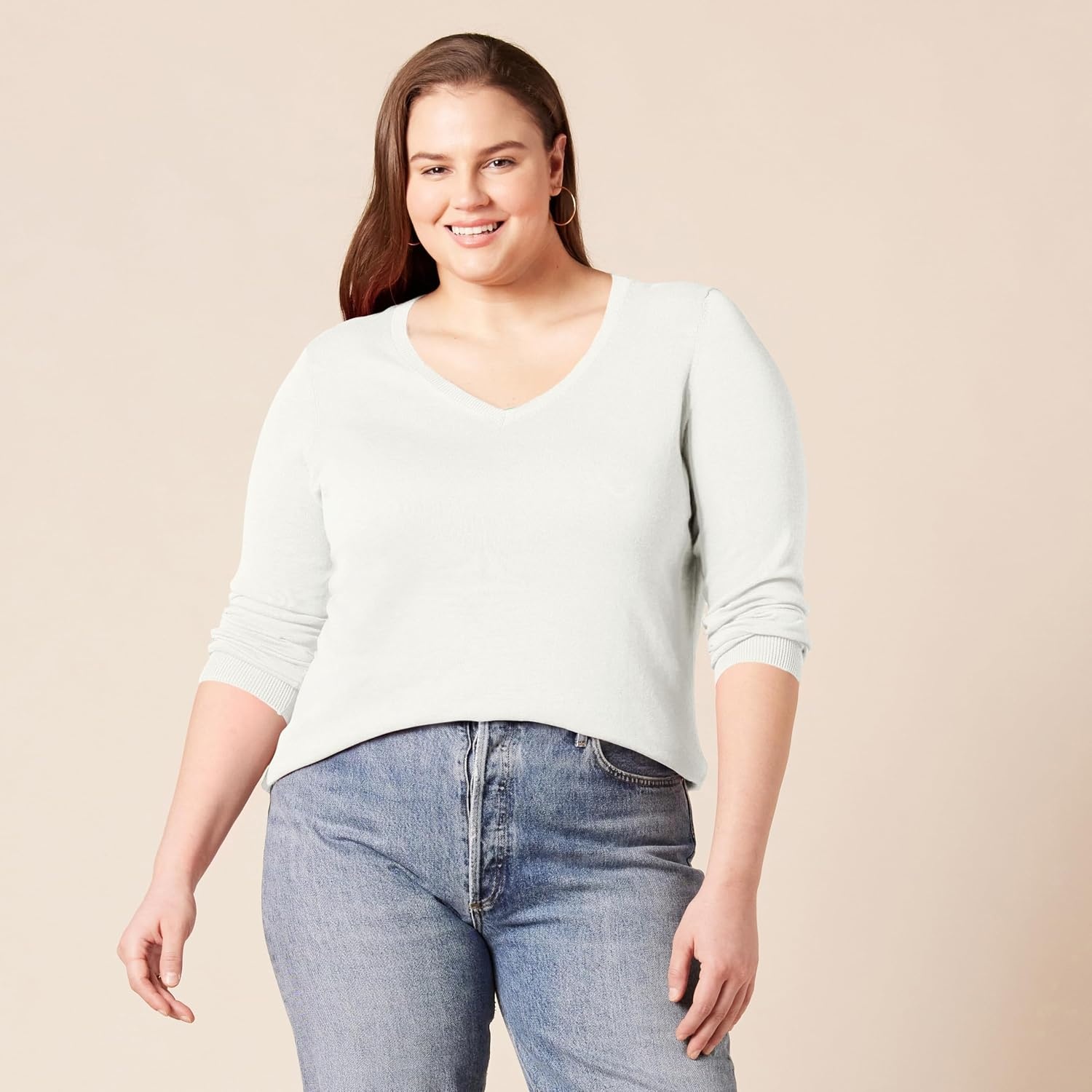 image:imageAmazon Essentials Womens RegularFit Lightweight LongSleeve VNeck Sweater Ribbed Cozy Soft Available in Plus SizeIvory