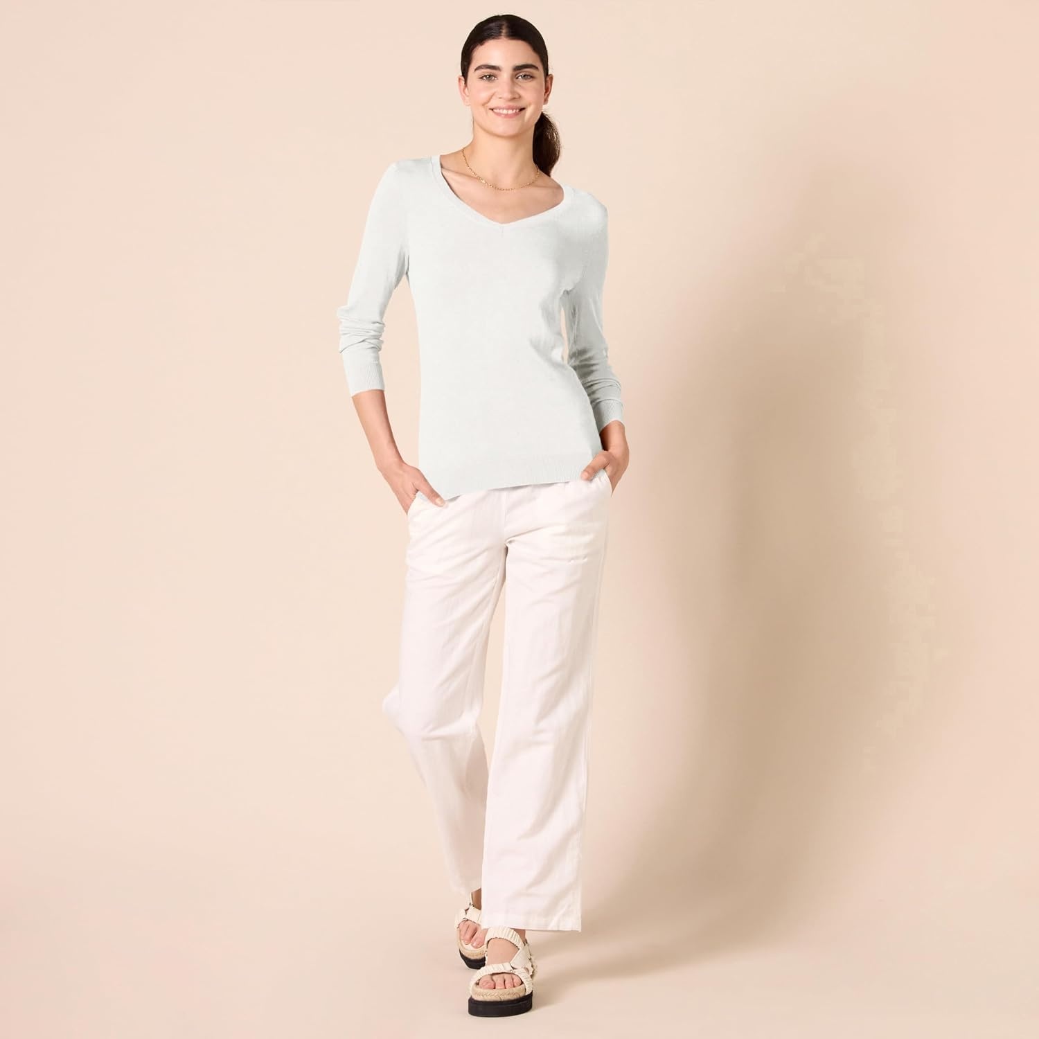 image:imageAmazon Essentials Womens RegularFit Lightweight LongSleeve VNeck Sweater Ribbed Cozy Soft Available in Plus SizeIvory