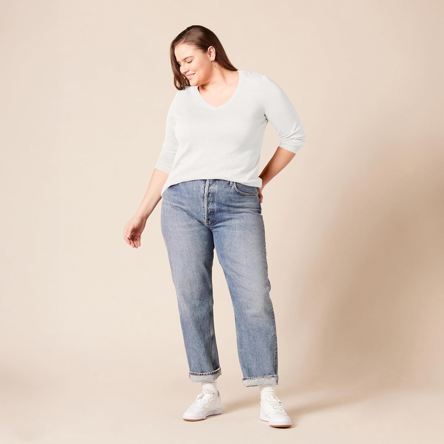 image:imageAmazon Essentials Womens RegularFit Lightweight LongSleeve VNeck Sweater Ribbed Cozy Soft Available in Plus SizeIvory