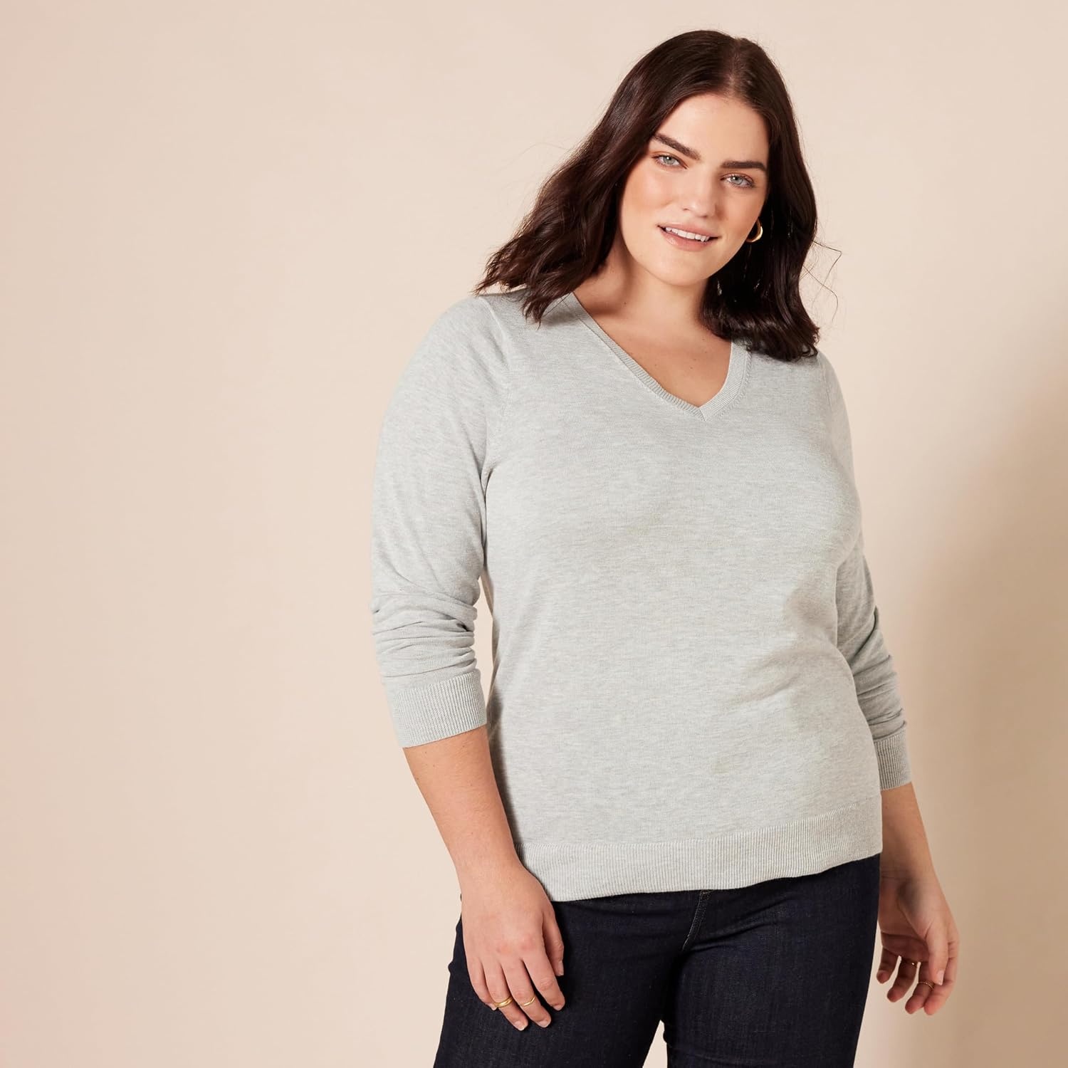 image:imageAmazon Essentials Womens RegularFit Lightweight LongSleeve VNeck Sweater Ribbed Cozy Soft Available in Plus SizeLight Grey Heather