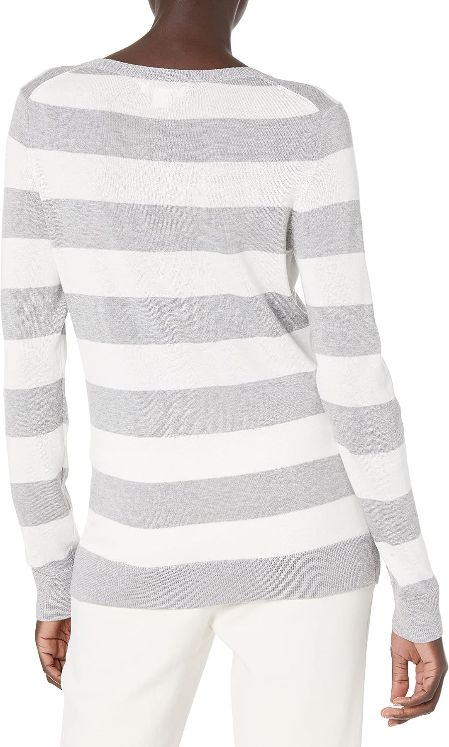 image:imageAmazon Essentials Womens RegularFit Lightweight LongSleeve VNeck Sweater Ribbed Cozy Soft Available in Plus SizeLight Grey Heather White Rugby Stripe