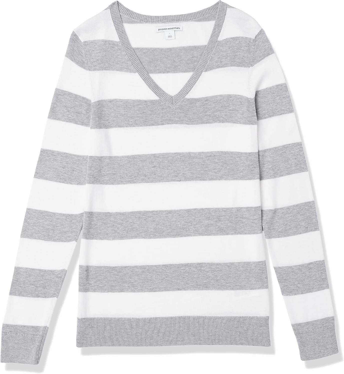 image:imageAmazon Essentials Womens RegularFit Lightweight LongSleeve VNeck Sweater Ribbed Cozy Soft Available in Plus SizeLight Grey Heather White Rugby Stripe