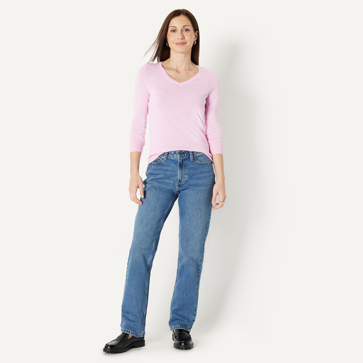 image:imageAmazon Essentials Womens RegularFit Lightweight LongSleeve VNeck Sweater Ribbed Cozy Soft Available in Plus SizeLight Pink Liliac