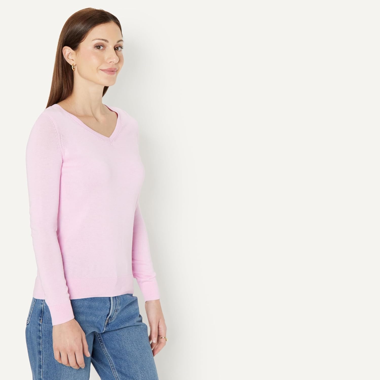 image:imageAmazon Essentials Womens RegularFit Lightweight LongSleeve VNeck Sweater Ribbed Cozy Soft Available in Plus SizeLight Pink Liliac