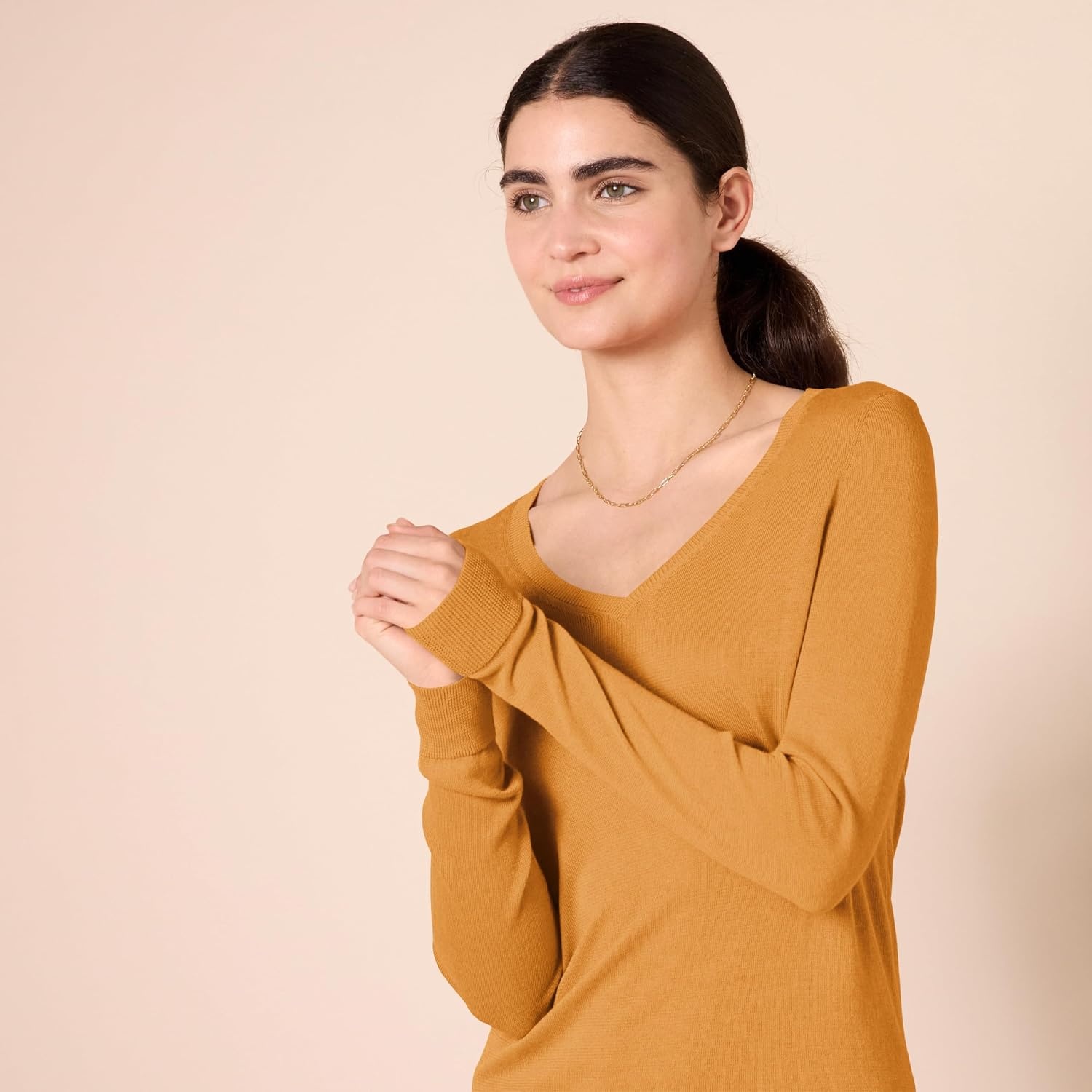 image:imageAmazon Essentials Womens RegularFit Lightweight LongSleeve VNeck Sweater Ribbed Cozy Soft Available in Plus SizeMustard Heather