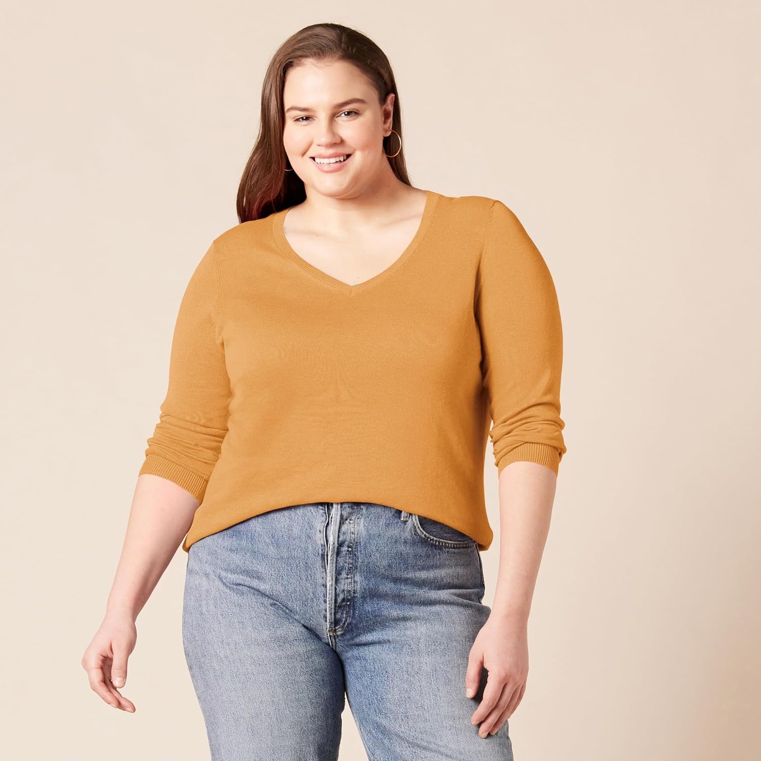 image:imageAmazon Essentials Womens RegularFit Lightweight LongSleeve VNeck Sweater Ribbed Cozy Soft Available in Plus SizeMustard Heather