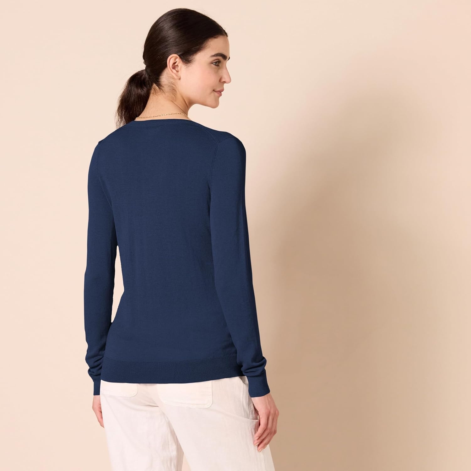 image:imageAmazon Essentials Womens RegularFit Lightweight LongSleeve VNeck Sweater Ribbed Cozy Soft Available in Plus SizeNavy