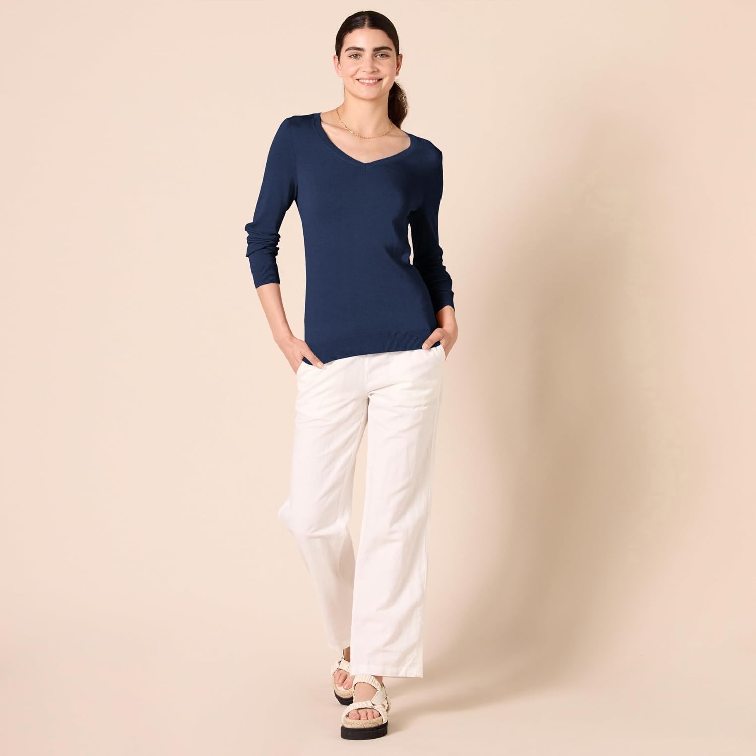 image:imageAmazon Essentials Womens RegularFit Lightweight LongSleeve VNeck Sweater Ribbed Cozy Soft Available in Plus SizeNavy