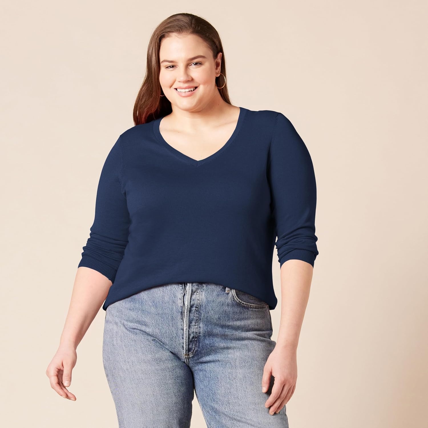 image:imageAmazon Essentials Womens RegularFit Lightweight LongSleeve VNeck Sweater Ribbed Cozy Soft Available in Plus SizeNavy