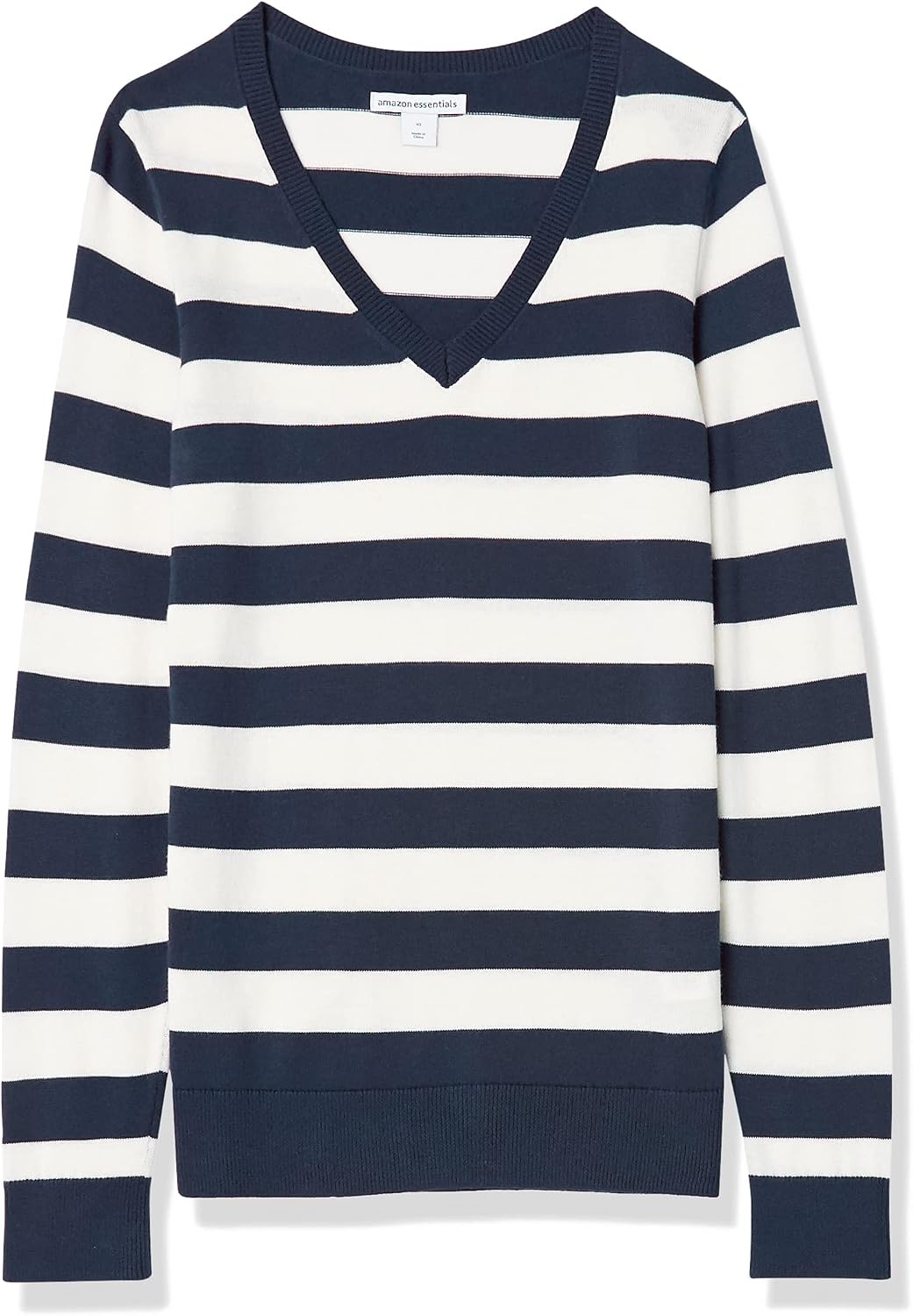 image:imageAmazon Essentials Womens RegularFit Lightweight LongSleeve VNeck Sweater Ribbed Cozy Soft Available in Plus SizeNavy White Rugby Stripe
