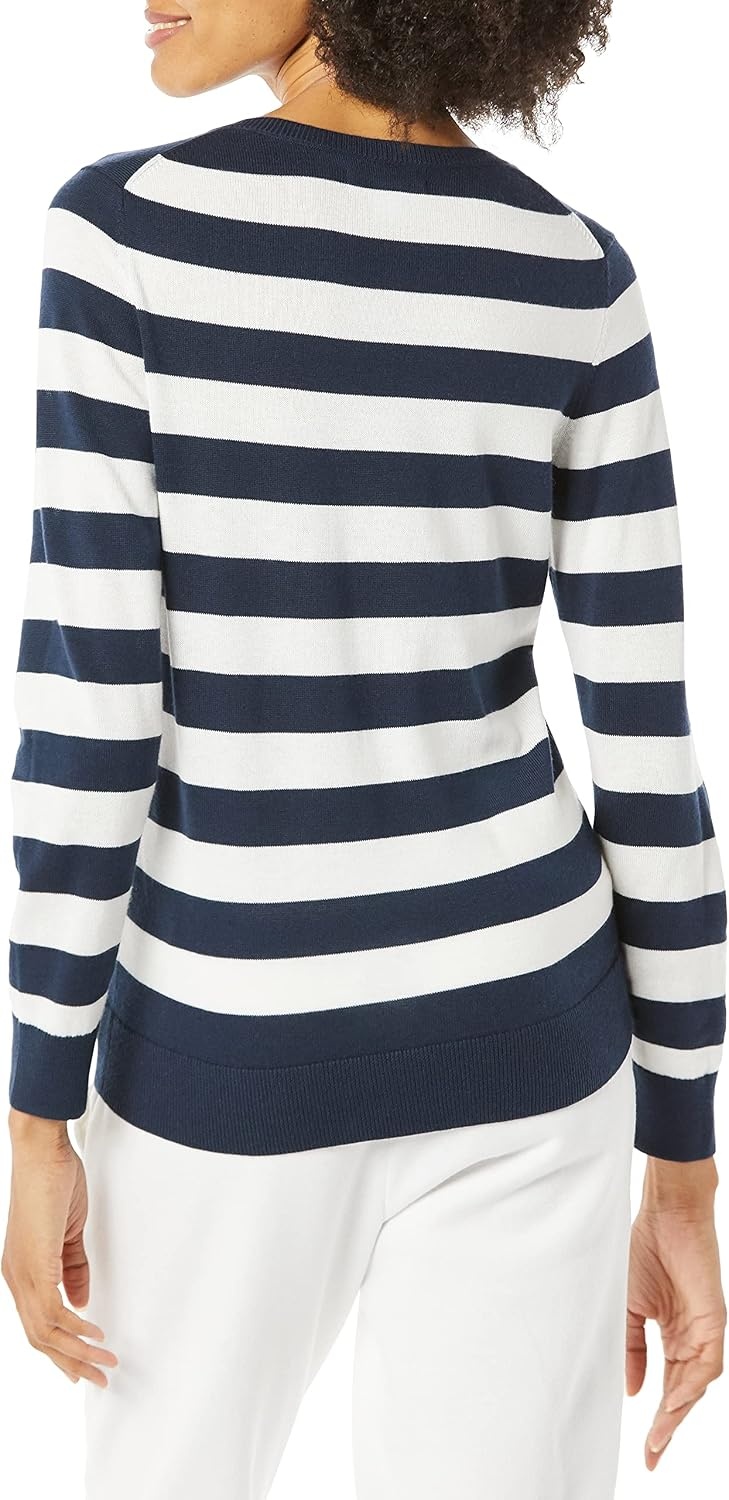 image:imageAmazon Essentials Womens RegularFit Lightweight LongSleeve VNeck Sweater Ribbed Cozy Soft Available in Plus SizeNavy White Rugby Stripe