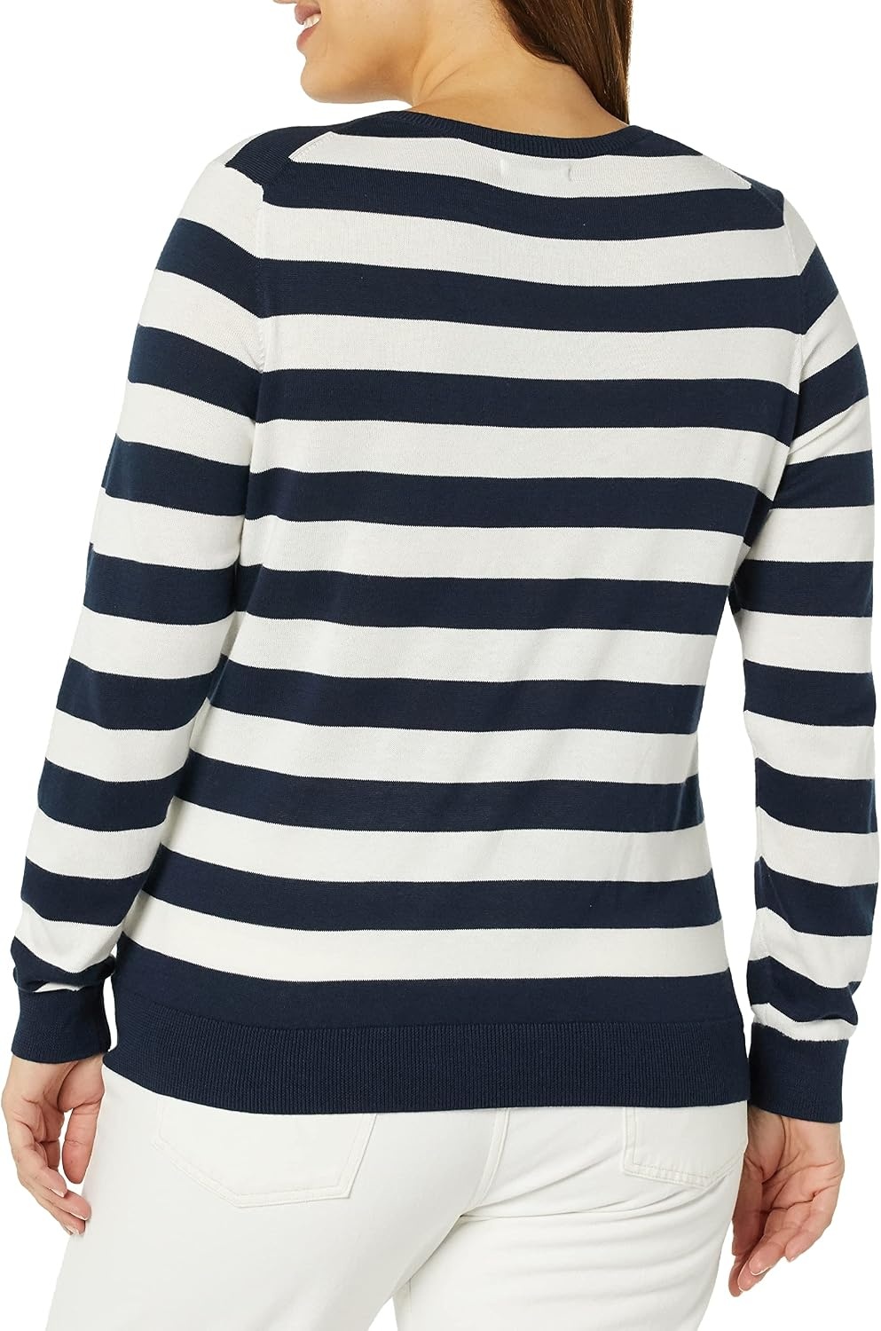 image:imageAmazon Essentials Womens RegularFit Lightweight LongSleeve VNeck Sweater Ribbed Cozy Soft Available in Plus SizeNavy White Rugby Stripe