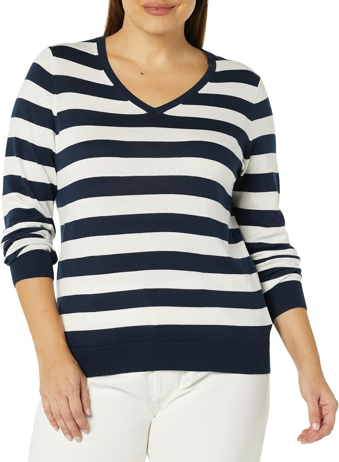 image:imageAmazon Essentials Womens RegularFit Lightweight LongSleeve VNeck Sweater Ribbed Cozy Soft Available in Plus SizeNavy White Rugby Stripe