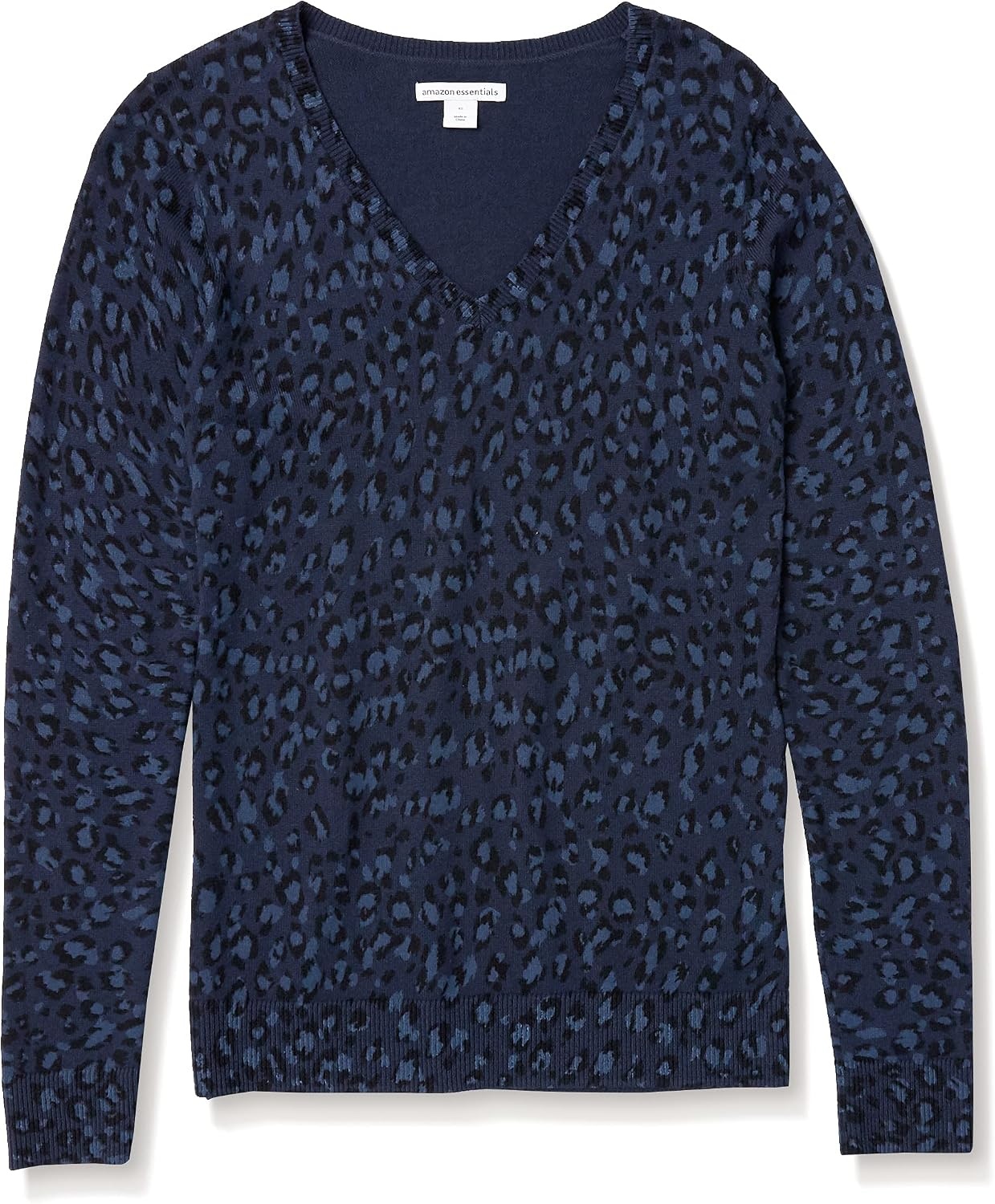 image:imageAmazon Essentials Womens RegularFit Lightweight LongSleeve VNeck Sweater Ribbed Cozy Soft Available in Plus SizeNavyBlack Textured Cheetah