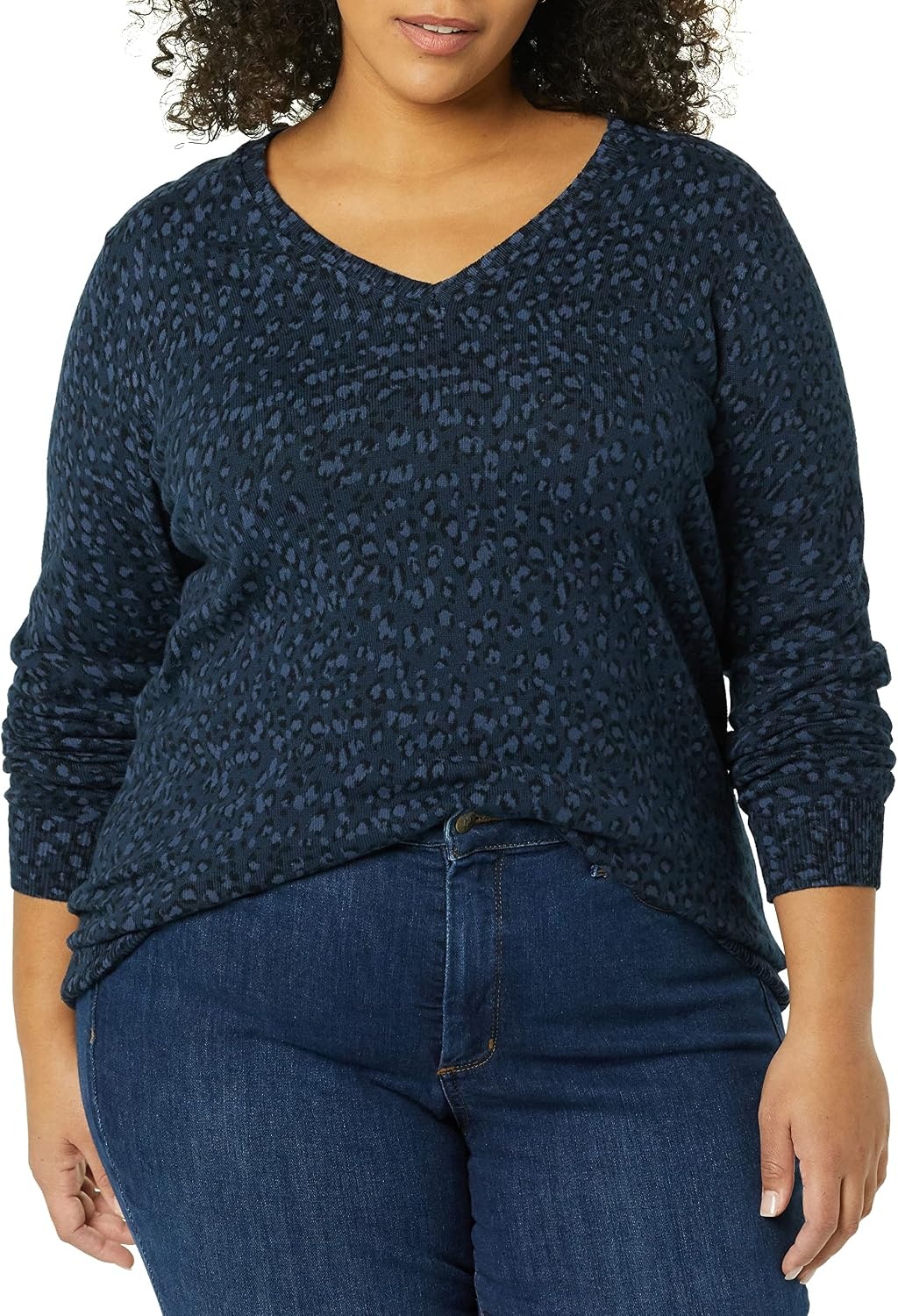 image:imageAmazon Essentials Womens RegularFit Lightweight LongSleeve VNeck Sweater Ribbed Cozy Soft Available in Plus SizeNavyBlack Textured Cheetah