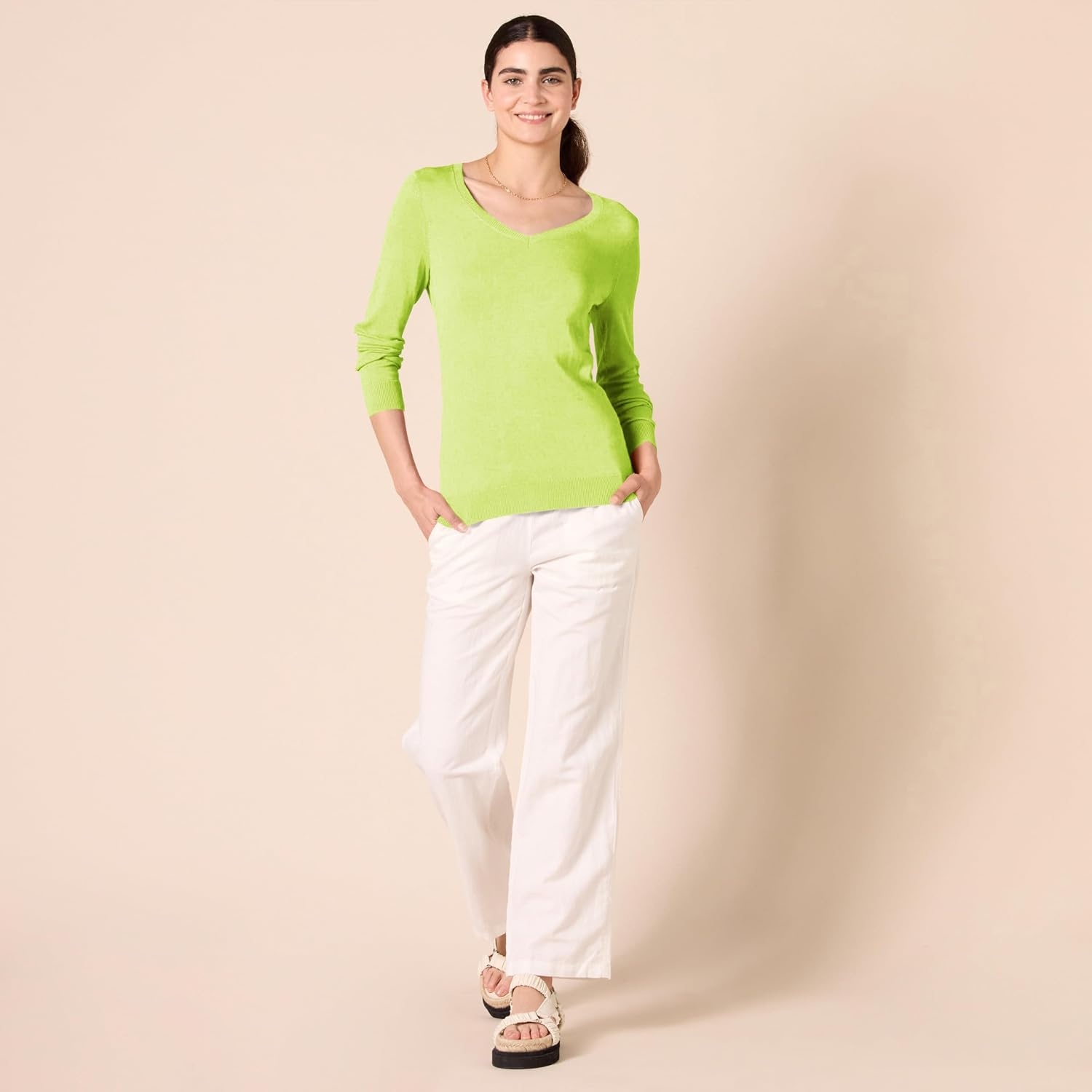 image:imageAmazon Essentials Womens RegularFit Lightweight LongSleeve VNeck Sweater Ribbed Cozy Soft Available in Plus SizeNeon Yellow