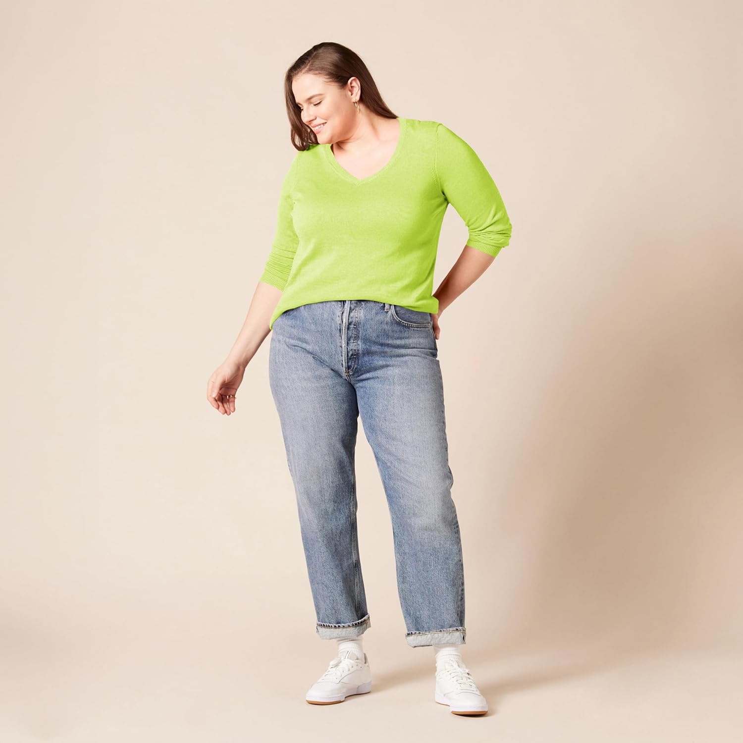 image:imageAmazon Essentials Womens RegularFit Lightweight LongSleeve VNeck Sweater Ribbed Cozy Soft Available in Plus SizeNeon Yellow