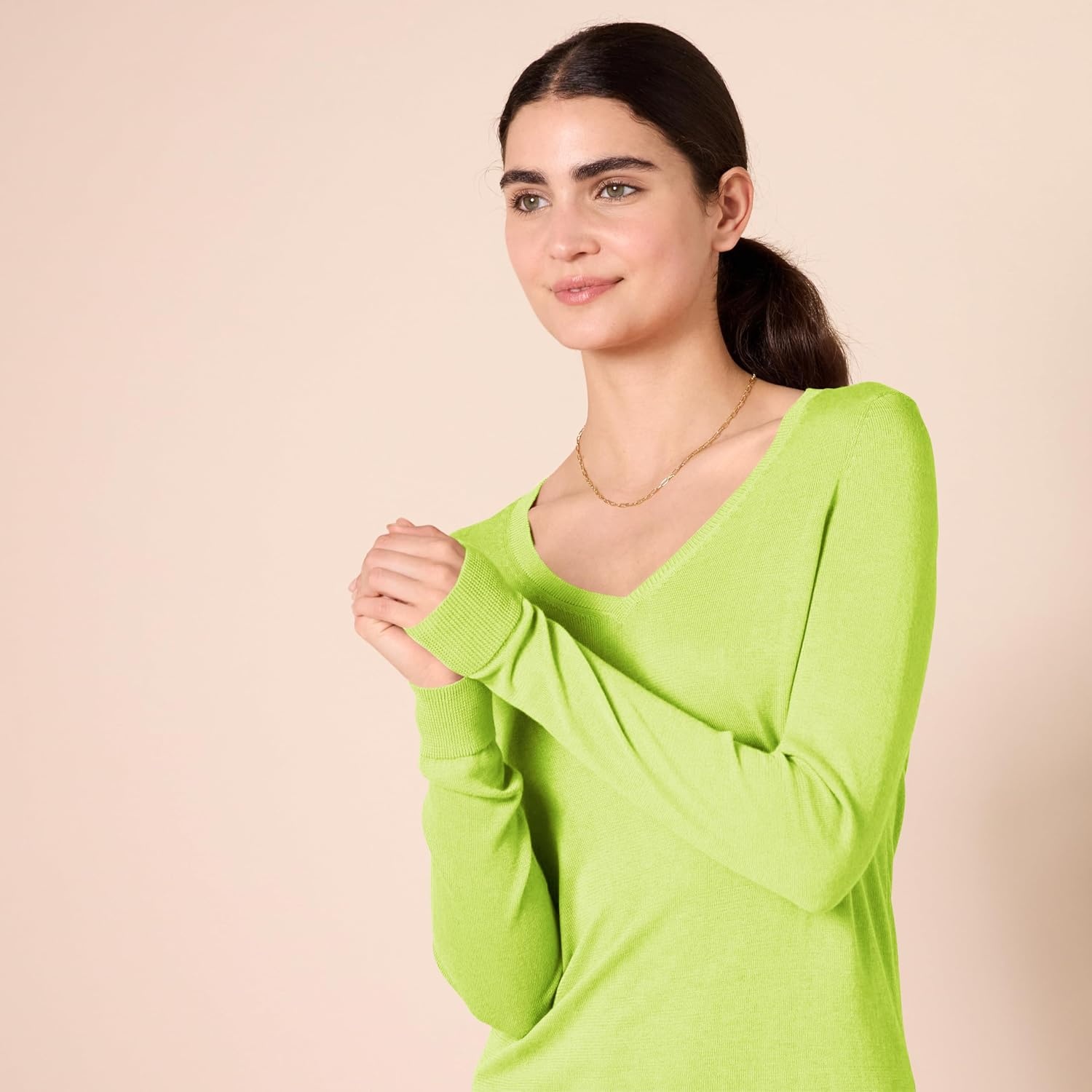 image:imageAmazon Essentials Womens RegularFit Lightweight LongSleeve VNeck Sweater Ribbed Cozy Soft Available in Plus SizeNeon Yellow