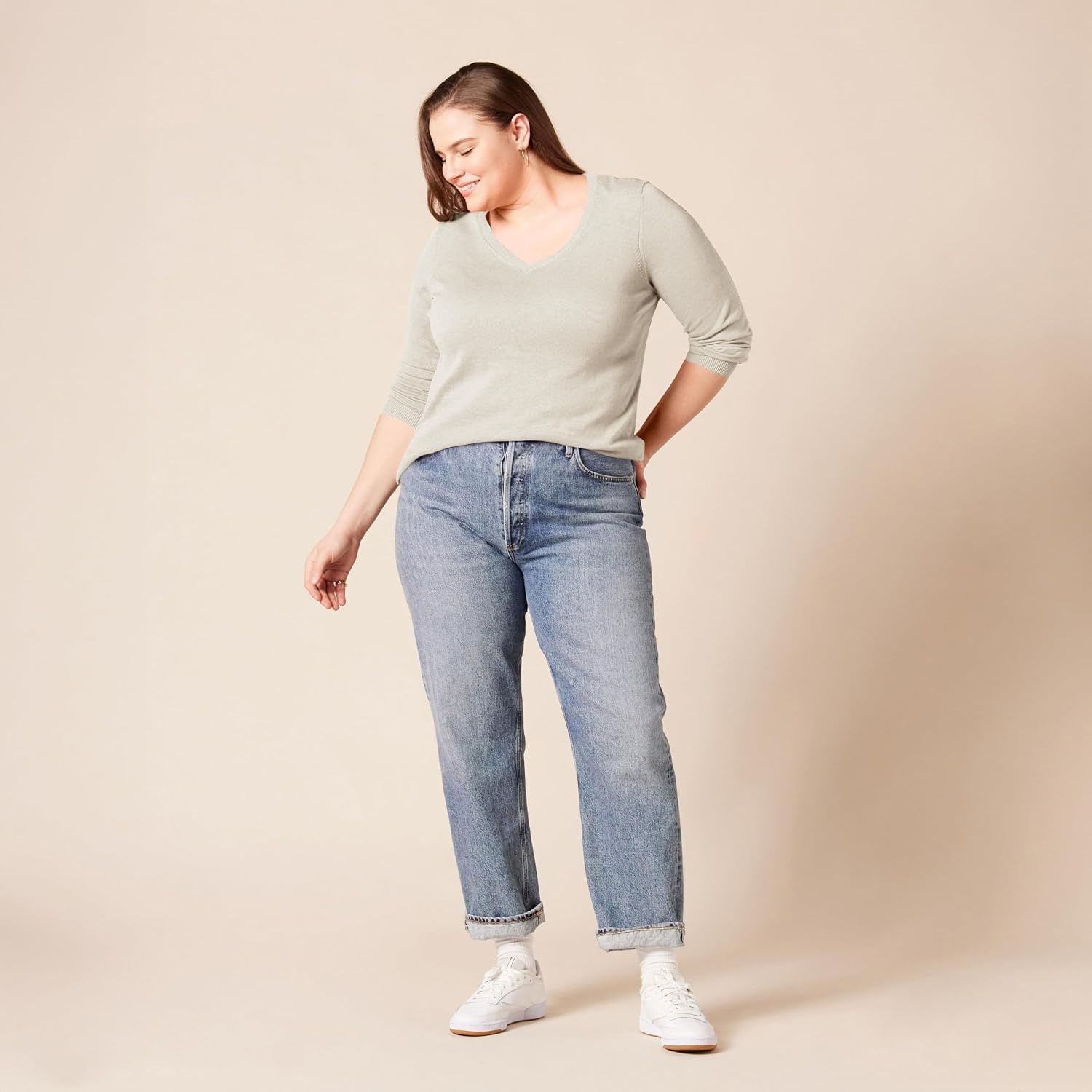 image:imageAmazon Essentials Womens RegularFit Lightweight LongSleeve VNeck Sweater Ribbed Cozy Soft Available in Plus SizeOatmeal Heather