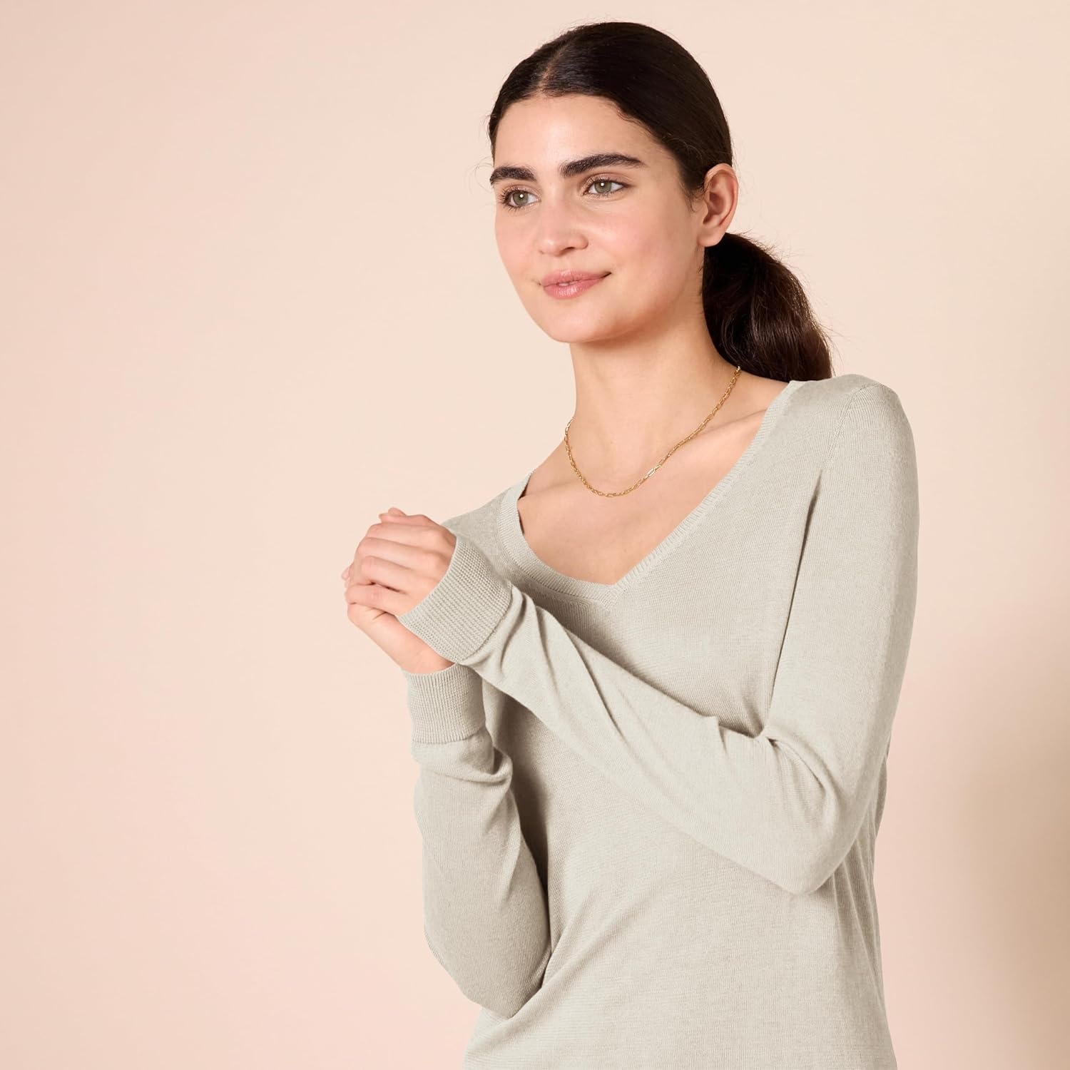 image:imageAmazon Essentials Womens RegularFit Lightweight LongSleeve VNeck Sweater Ribbed Cozy Soft Available in Plus SizeOatmeal Heather