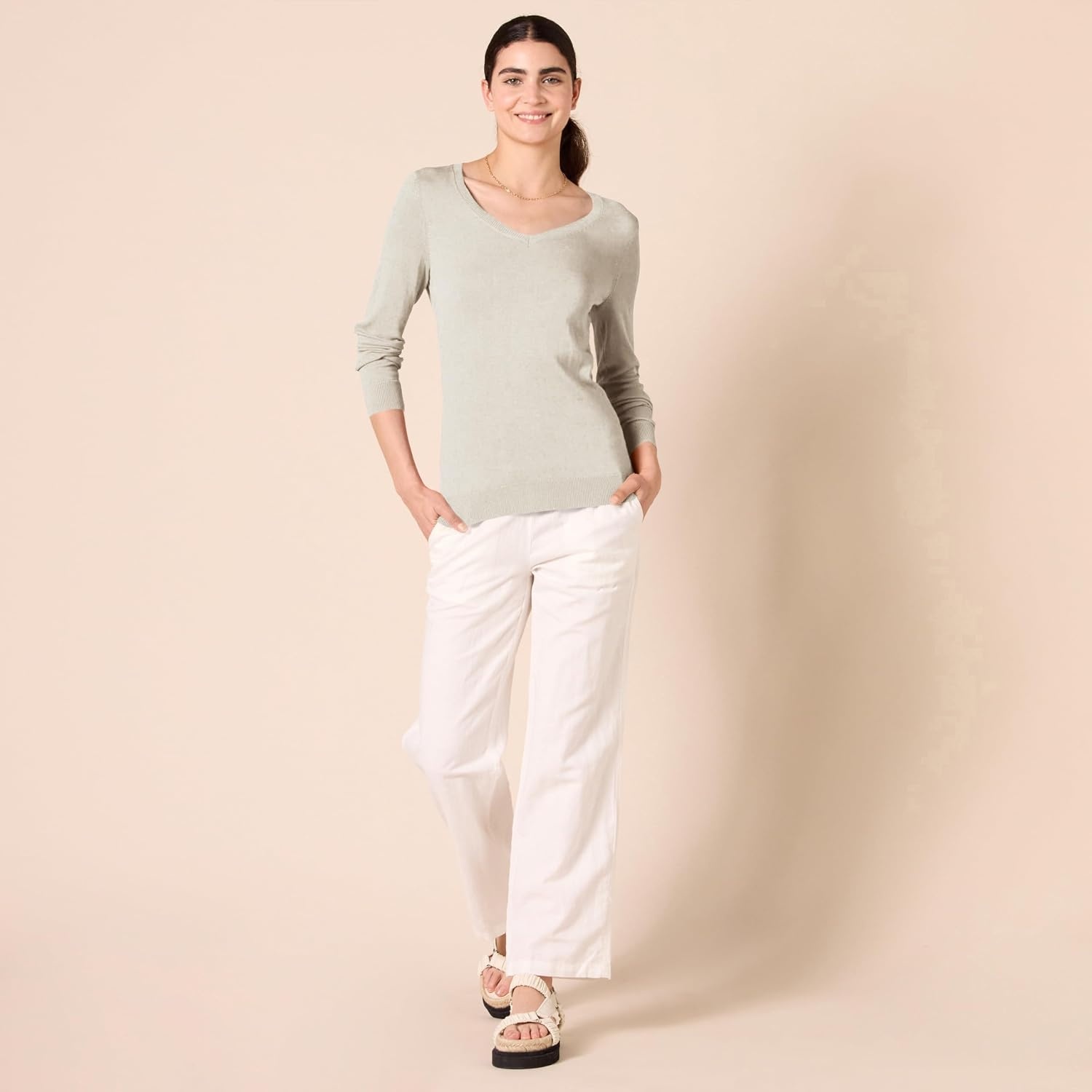 image:imageAmazon Essentials Womens RegularFit Lightweight LongSleeve VNeck Sweater Ribbed Cozy Soft Available in Plus SizeOatmeal Heather