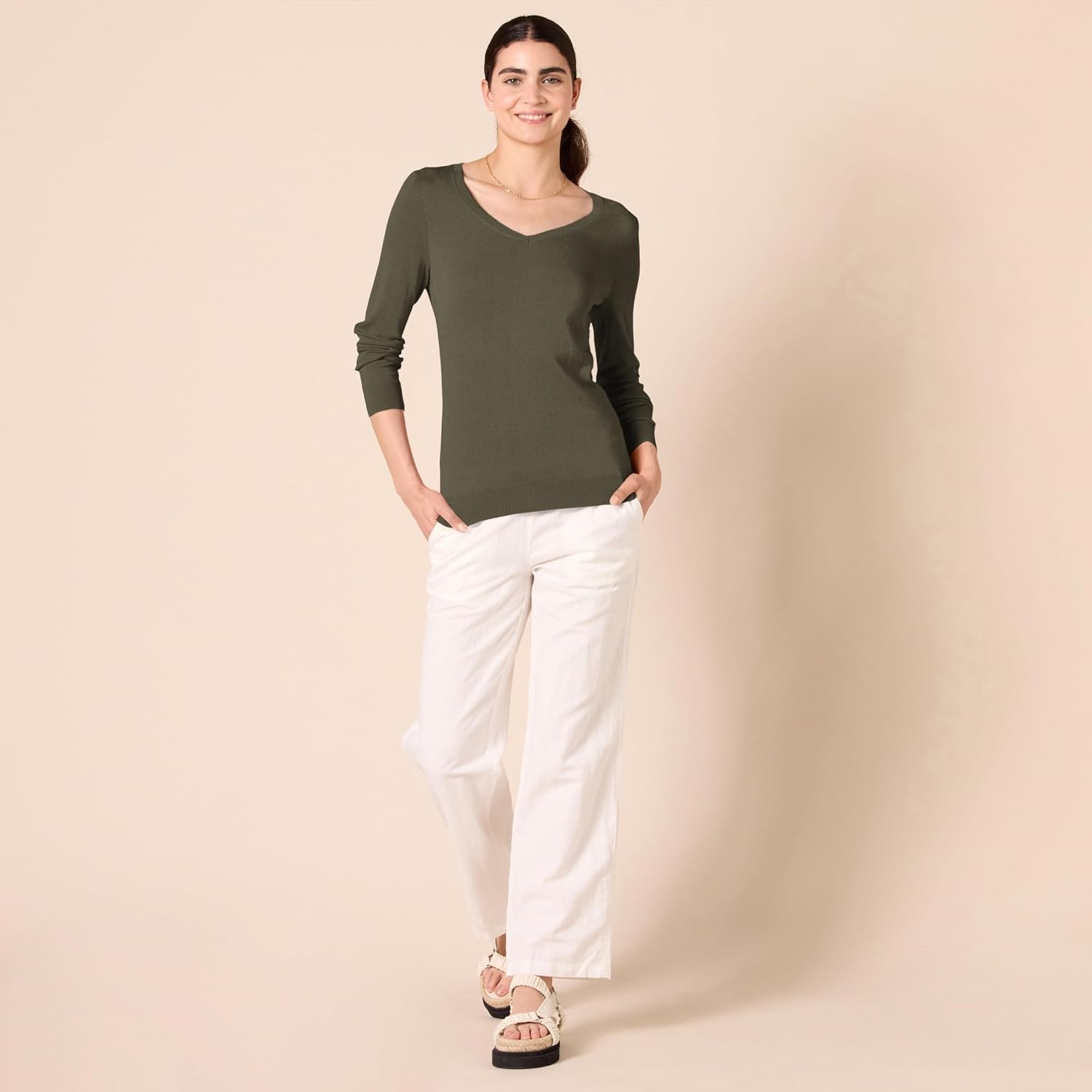 image:imageAmazon Essentials Womens RegularFit Lightweight LongSleeve VNeck Sweater Ribbed Cozy Soft Available in Plus SizeOlive