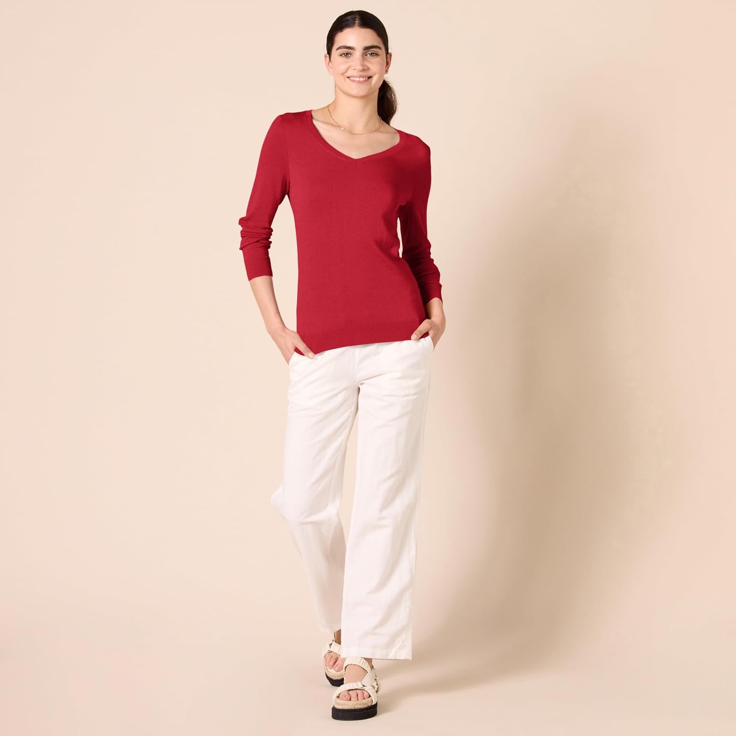 image:imageAmazon Essentials Womens RegularFit Lightweight LongSleeve VNeck Sweater Ribbed Cozy Soft Available in Plus SizeRed