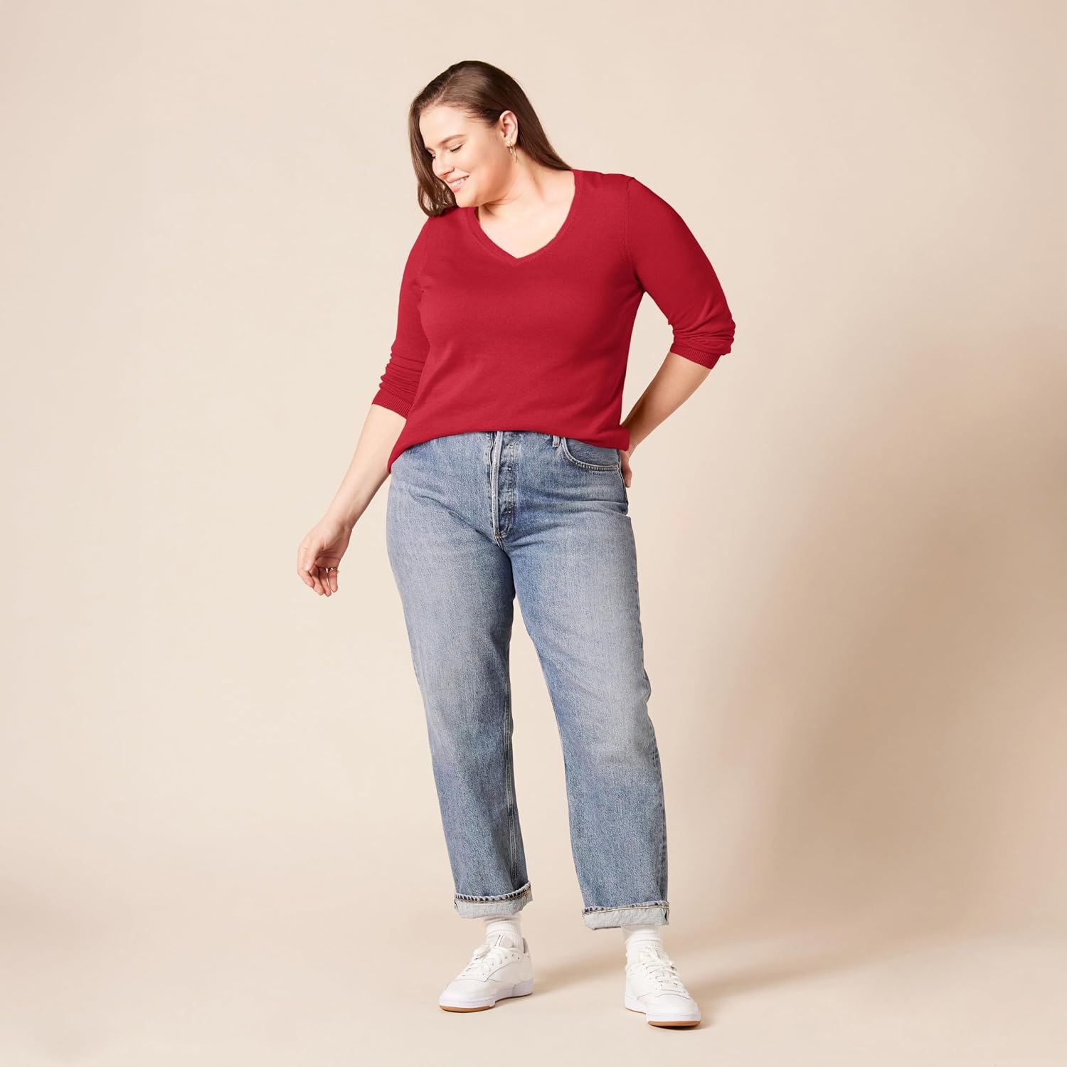 image:imageAmazon Essentials Womens RegularFit Lightweight LongSleeve VNeck Sweater Ribbed Cozy Soft Available in Plus SizeRed