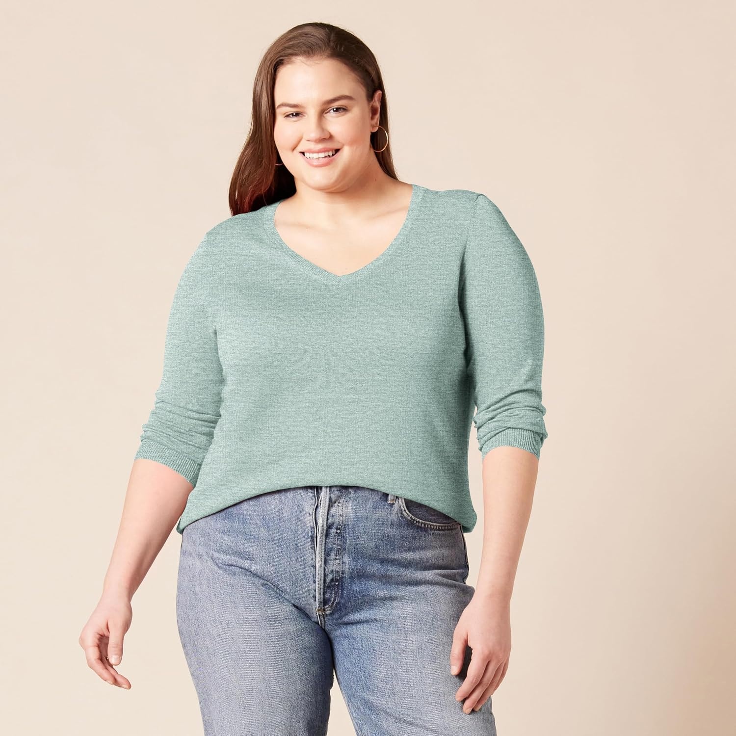 image:imageAmazon Essentials Womens RegularFit Lightweight LongSleeve VNeck Sweater Ribbed Cozy Soft Available in Plus SizeSage Green Heather