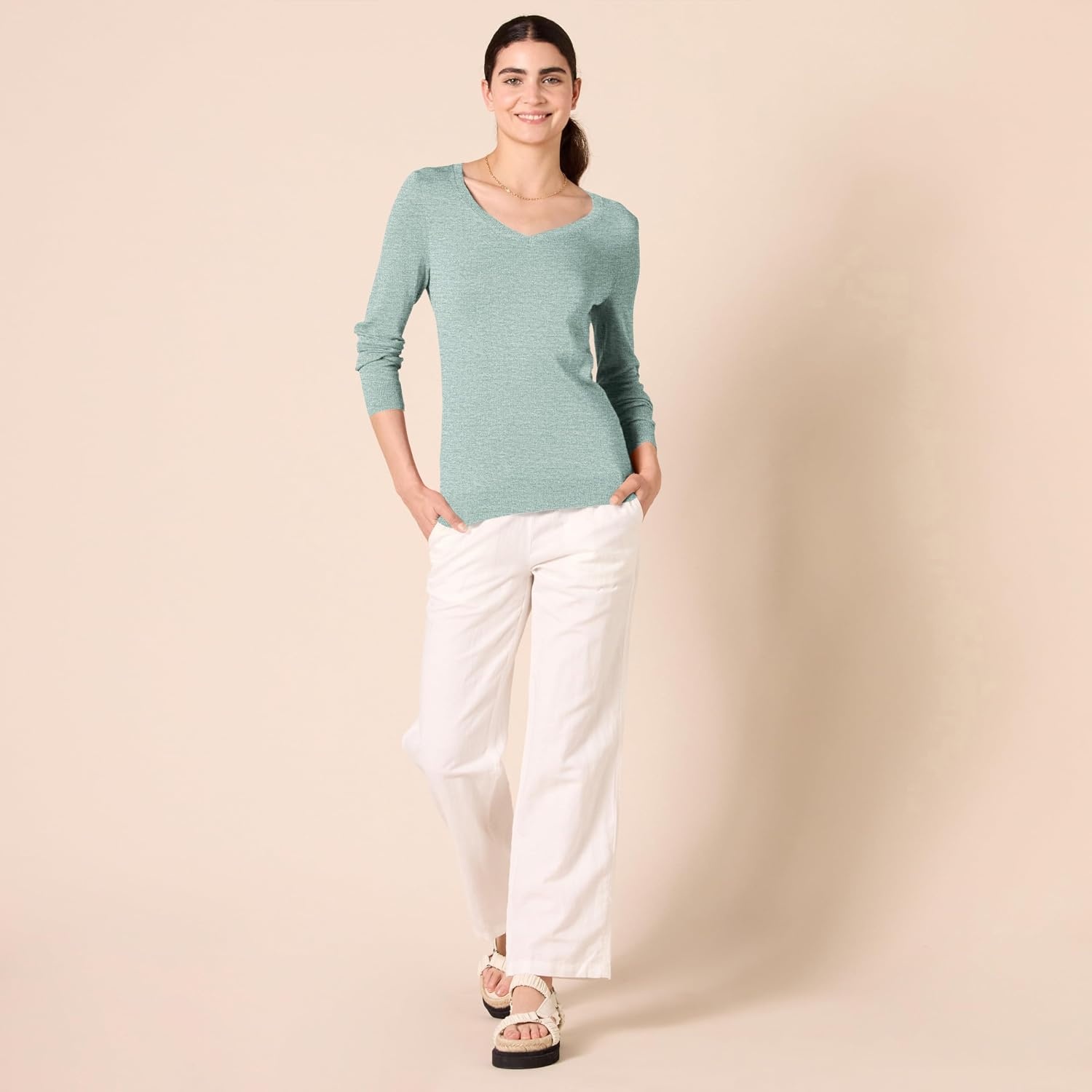 image:imageAmazon Essentials Womens RegularFit Lightweight LongSleeve VNeck Sweater Ribbed Cozy Soft Available in Plus SizeSage Green Heather