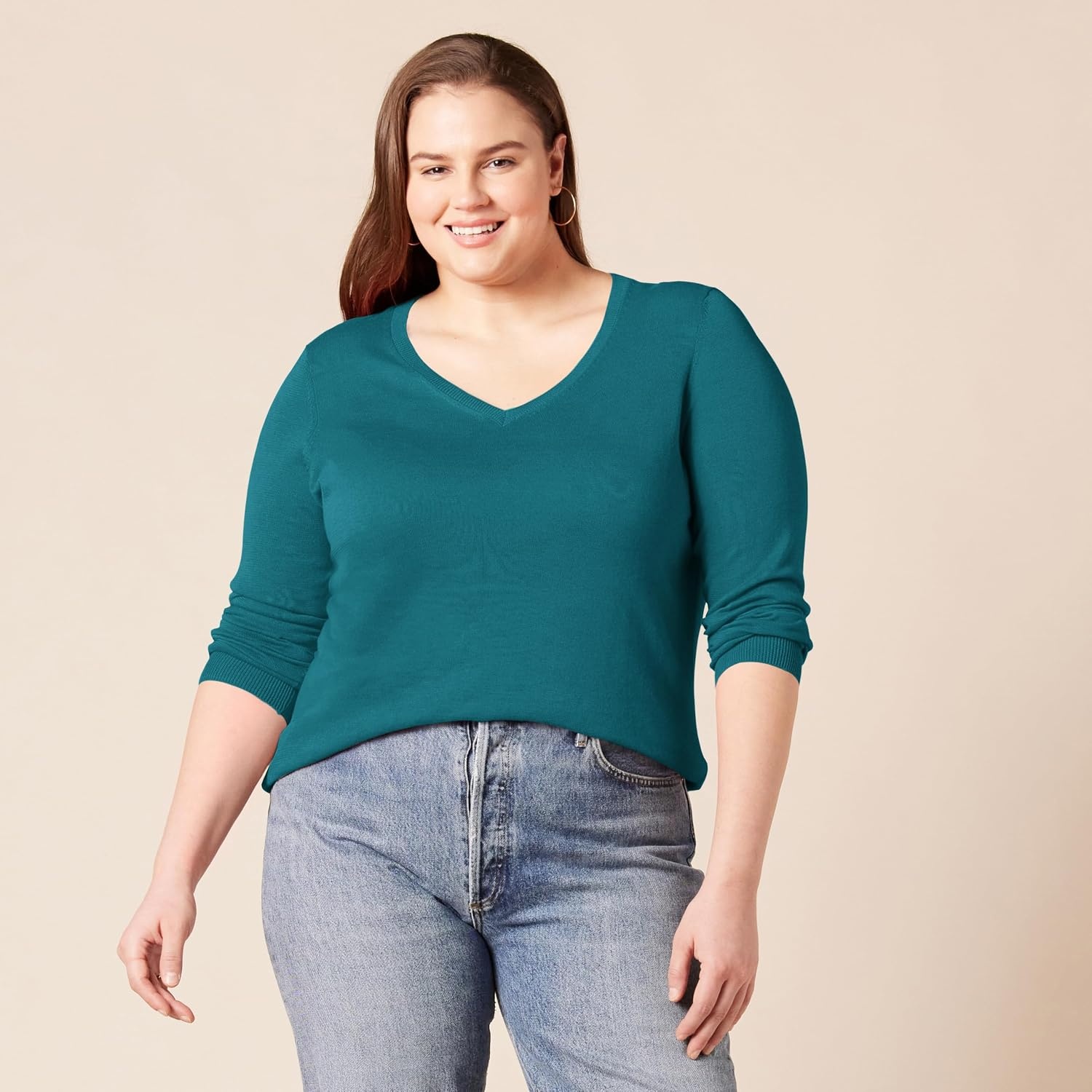 image:imageAmazon Essentials Womens RegularFit Lightweight LongSleeve VNeck Sweater Ribbed Cozy Soft Available in Plus SizeTeal Heather