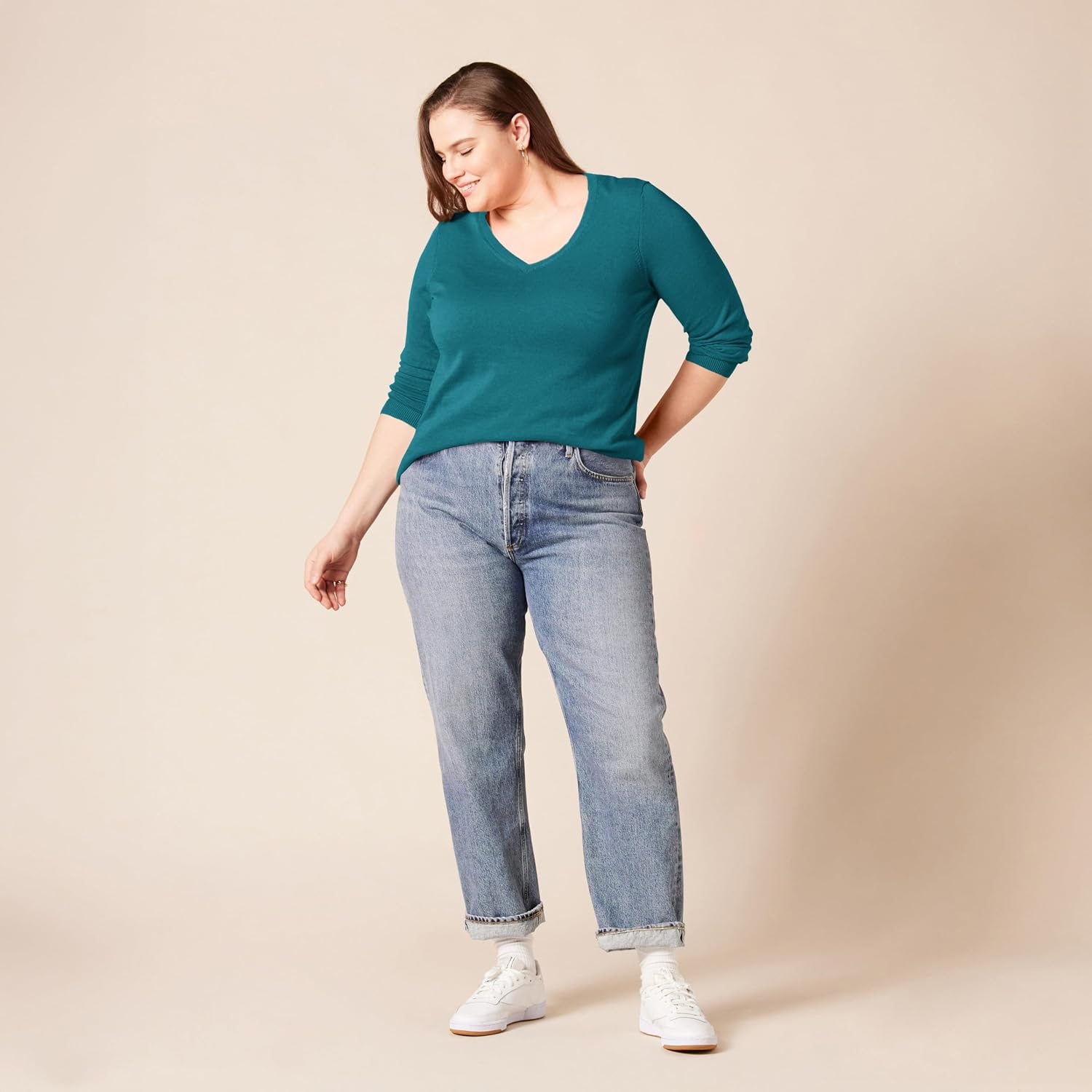 image:imageAmazon Essentials Womens RegularFit Lightweight LongSleeve VNeck Sweater Ribbed Cozy Soft Available in Plus SizeTeal Heather